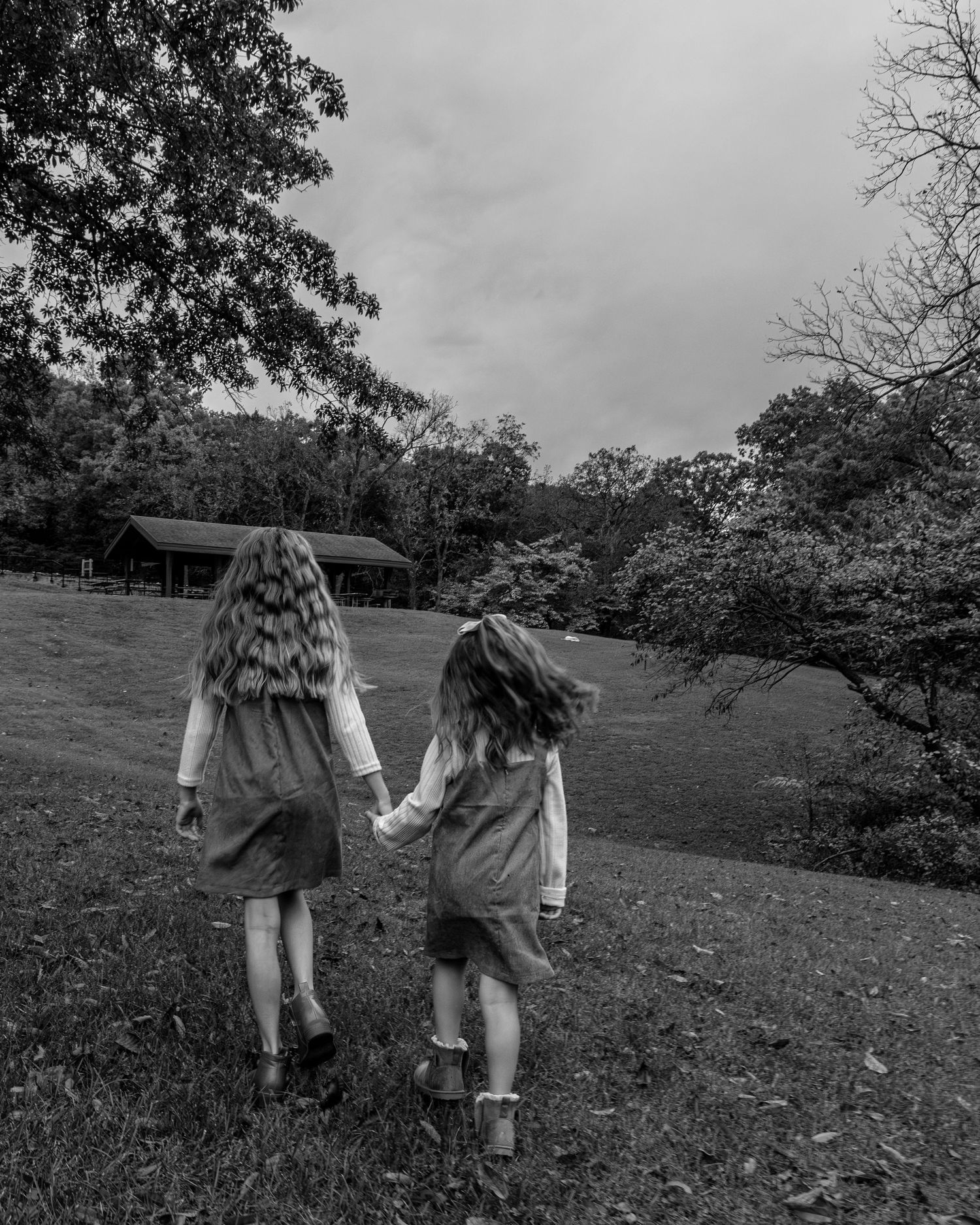 Two little girls holding hands walking in a park area.