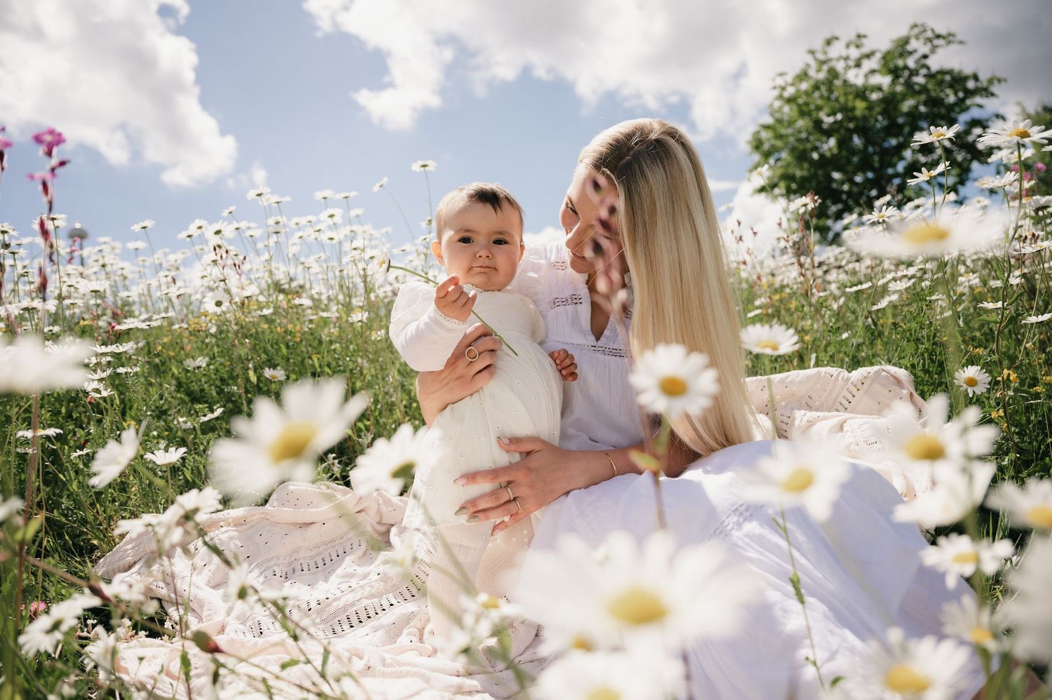 Mother and baby sitting in a daisy field on a sunny day, both wearing white outfits, surrounded by blooming wildflowers.