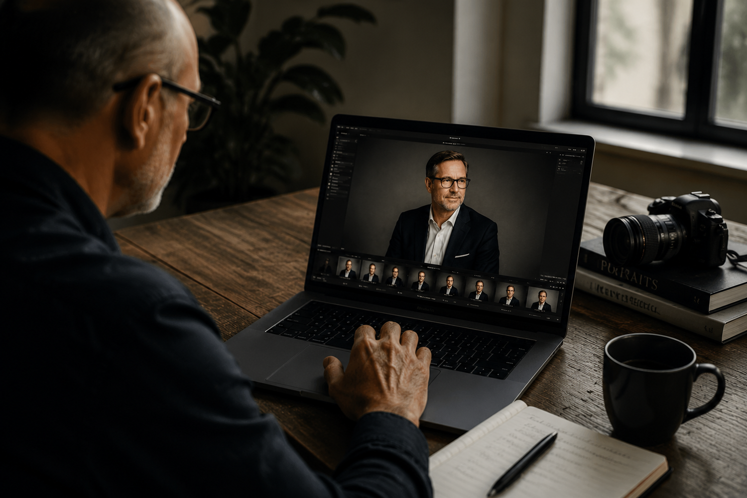 Photographer reviews professional headshot photos on laptop at wooden desk with camera and coffee mug nearby.