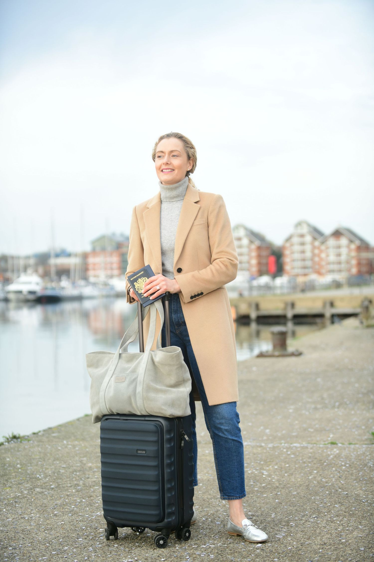 Personal branding portrait of Charlotte Cansick from Orcas Travel at Ipswich Marina, Suffolk.