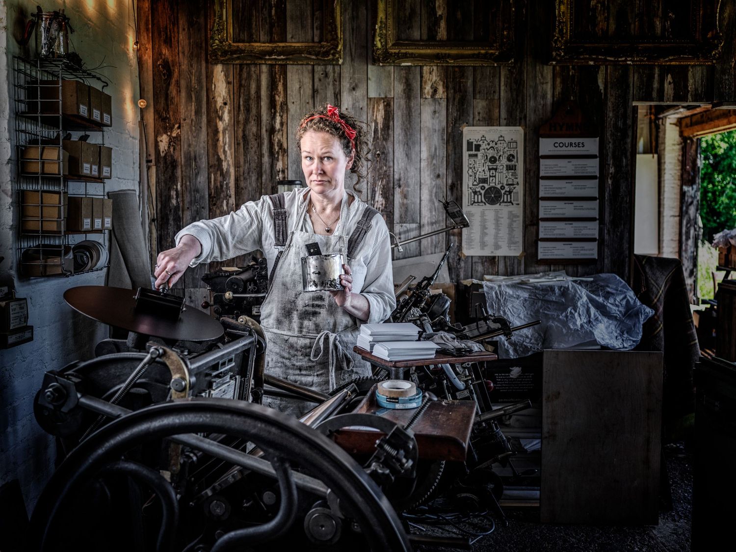 Editorial portrait of Katie Edwards, Printer and print designer, in her workshop, Suffolk