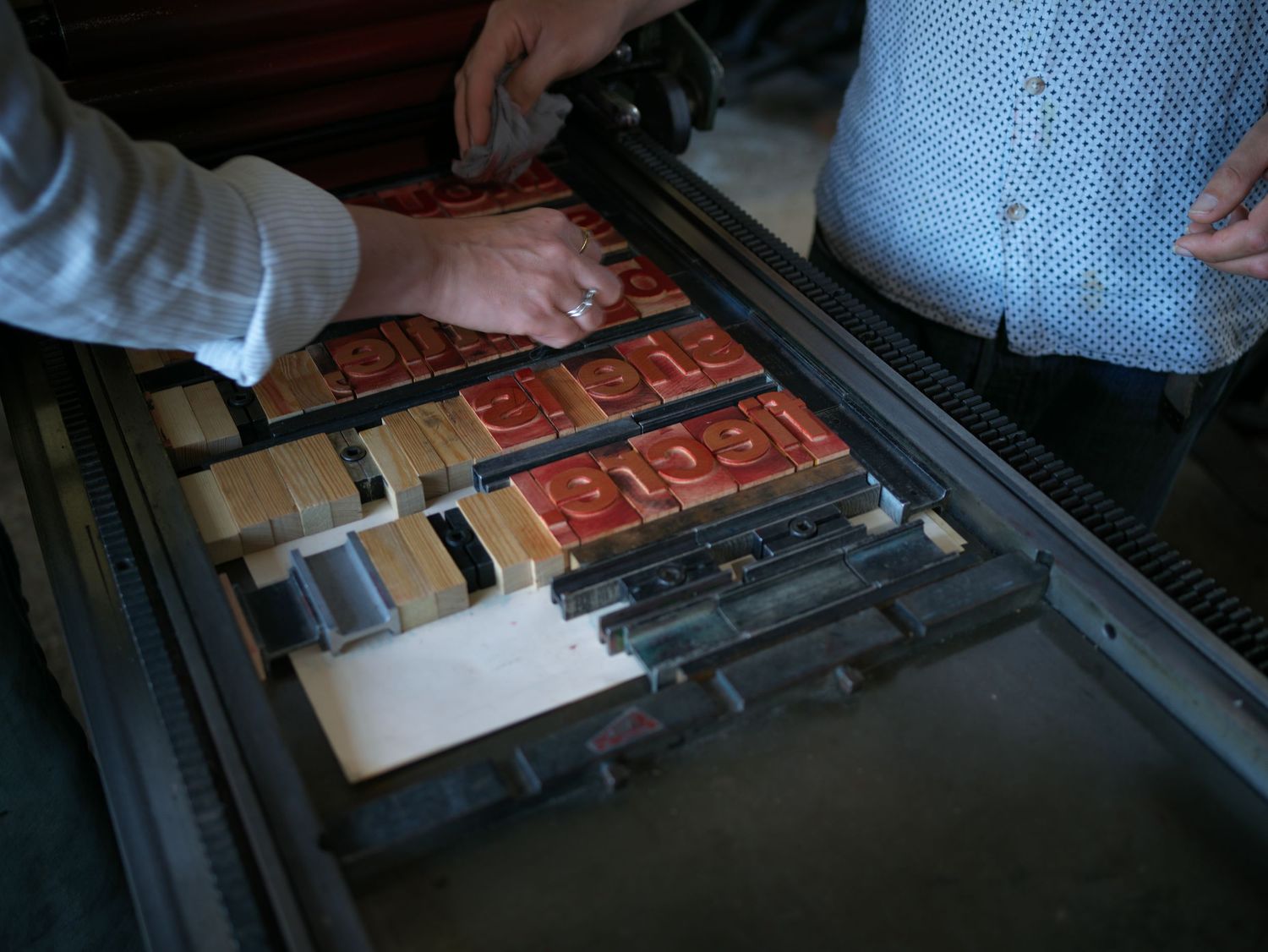 Detail shot of letterpress printer at work in Suffolk