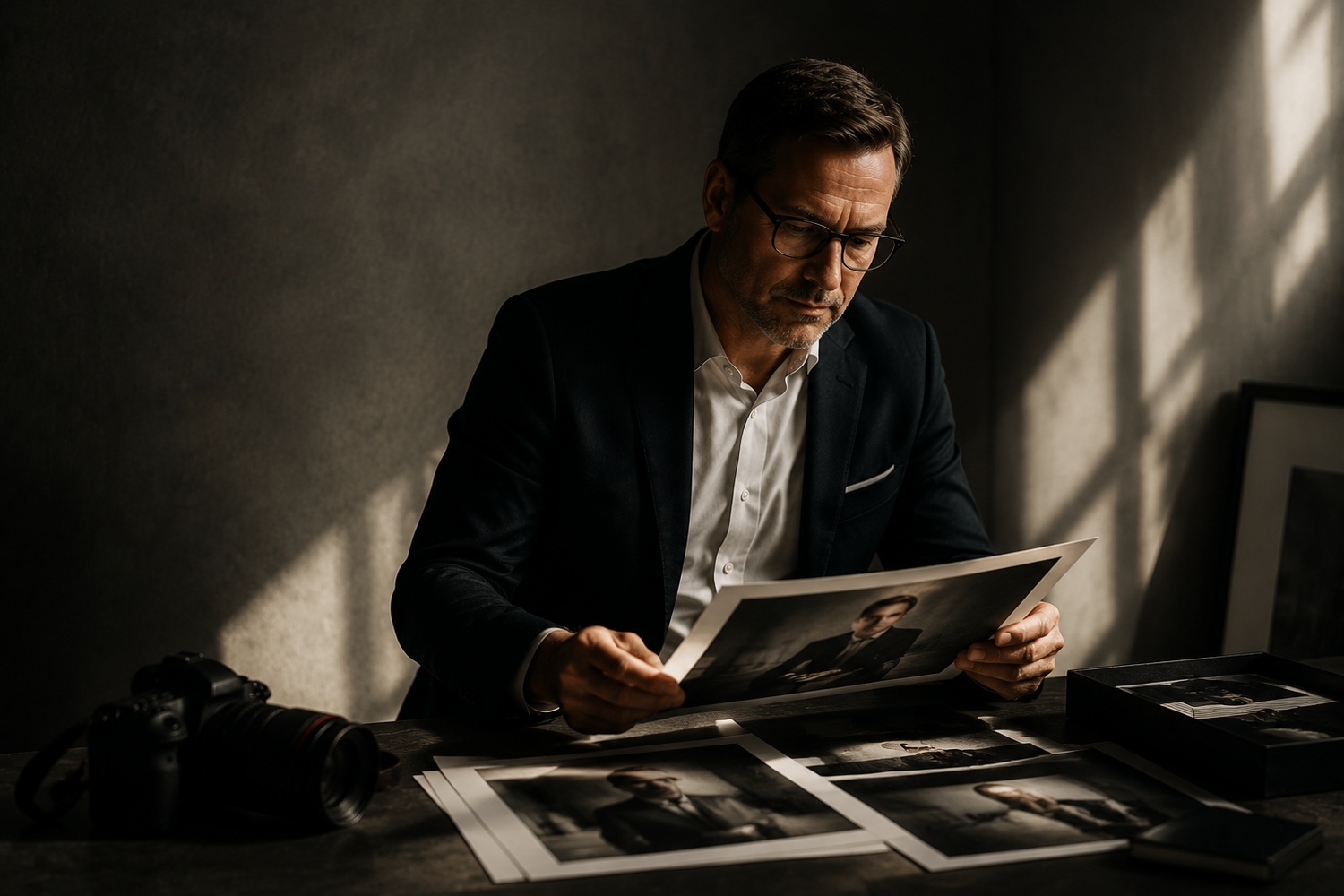 Man in dark blazer reviewing black and white photographs at a desk in dramatic moody lighting.