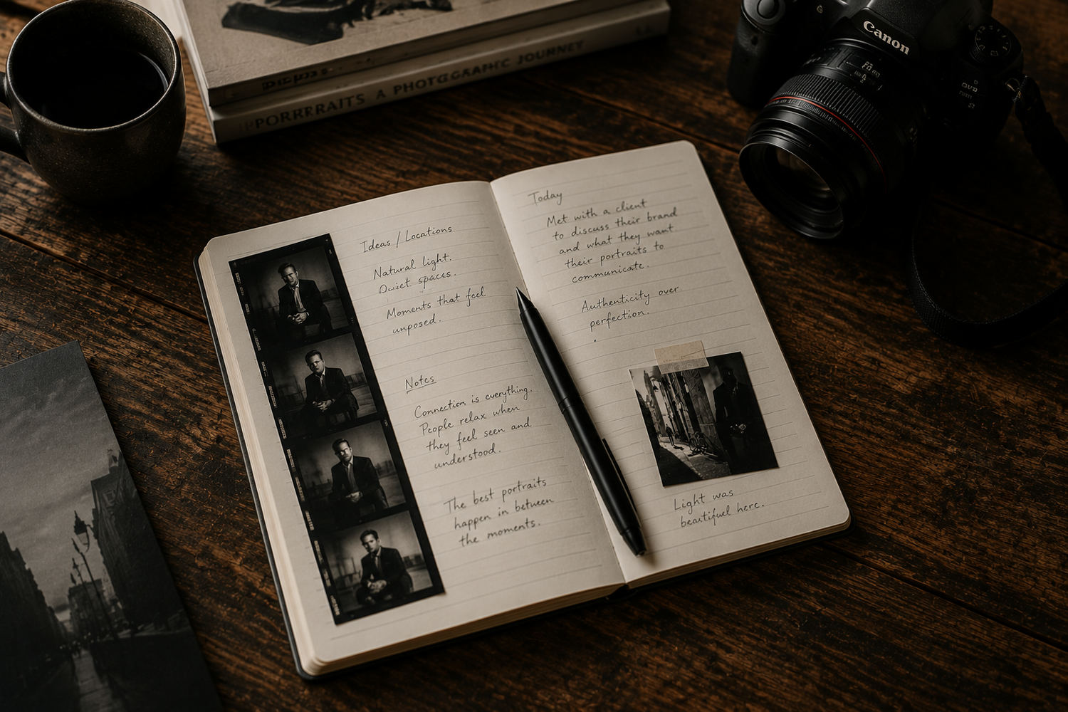Open journal with film strip photos and handwritten notes beside a pen, coffee cup, and camera on a wooden desk.