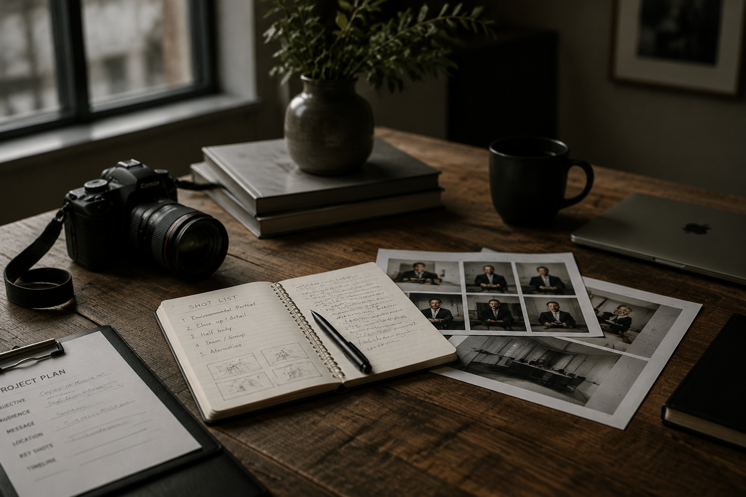 A DSLR camera, open notebook with pen, printed photo strips, and a coffee mug on a rustic wooden desk.