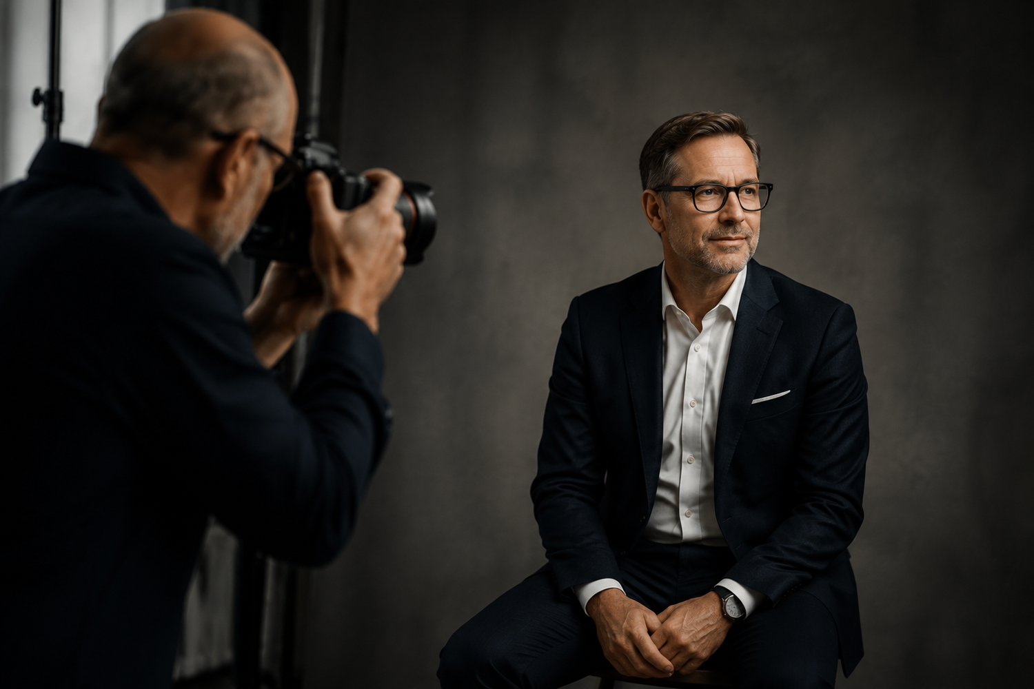 A photographer takes a professional portrait of a man in a dark suit and glasses seated in a studio.