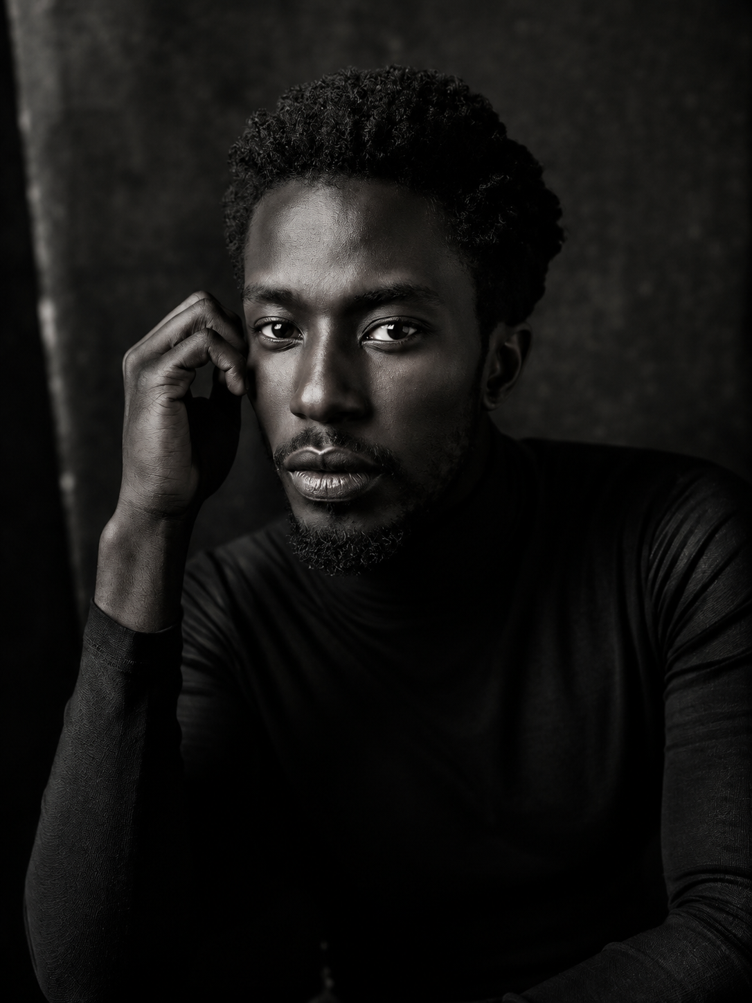 Black and white portrait of a young man in a turtleneck, hand raised to face, against dark background.