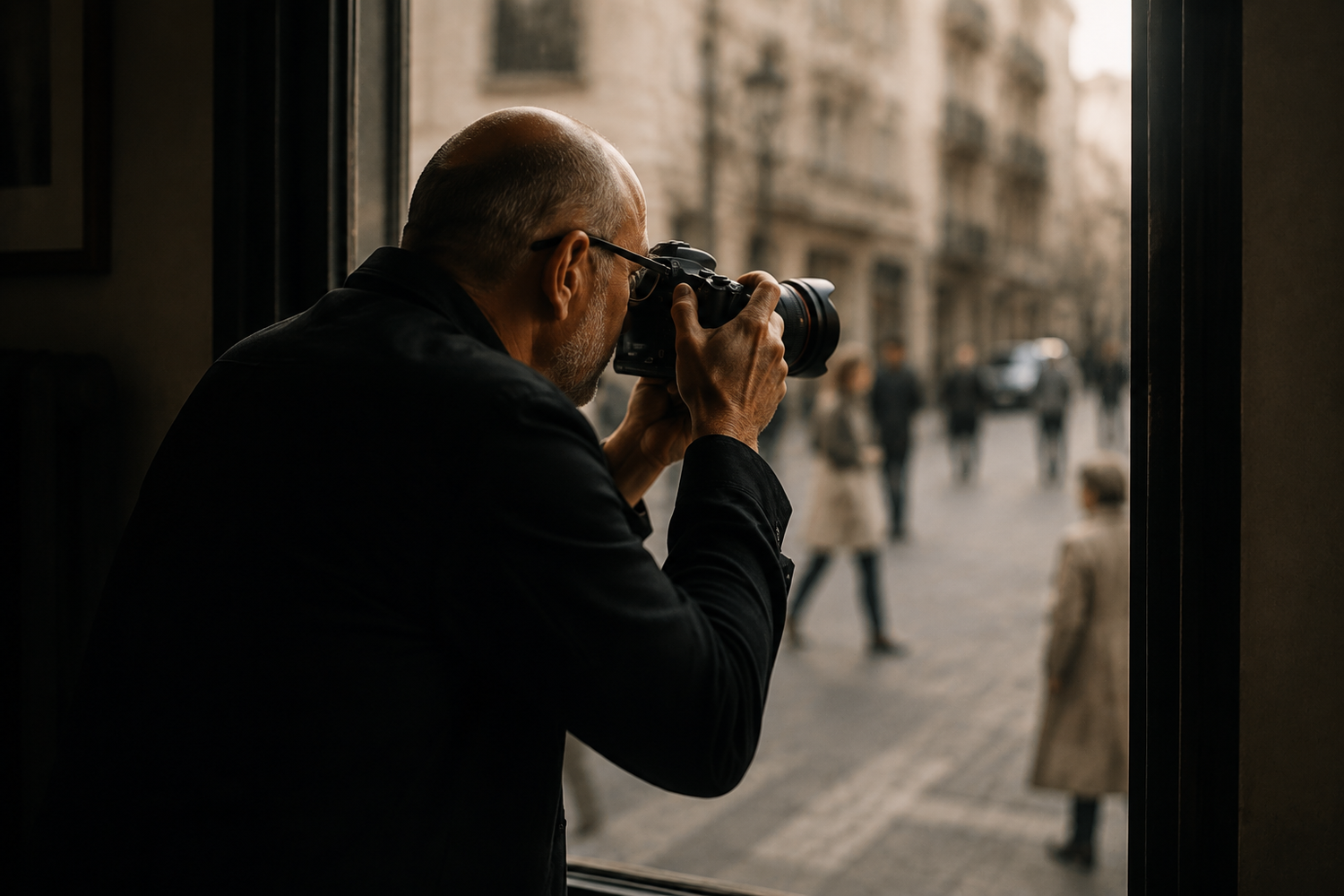 Bald man with glasses photographing a busy European street from a window using a professional DSLR camera.