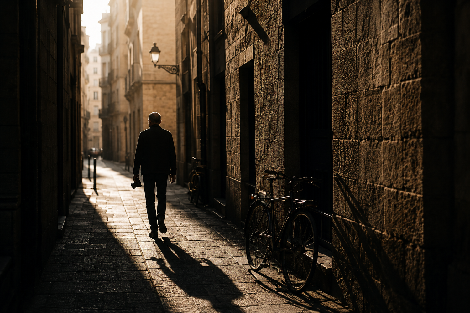 Silhouetted man walking alone through a narrow sunlit stone alleyway with a bicycle leaning against the wall.