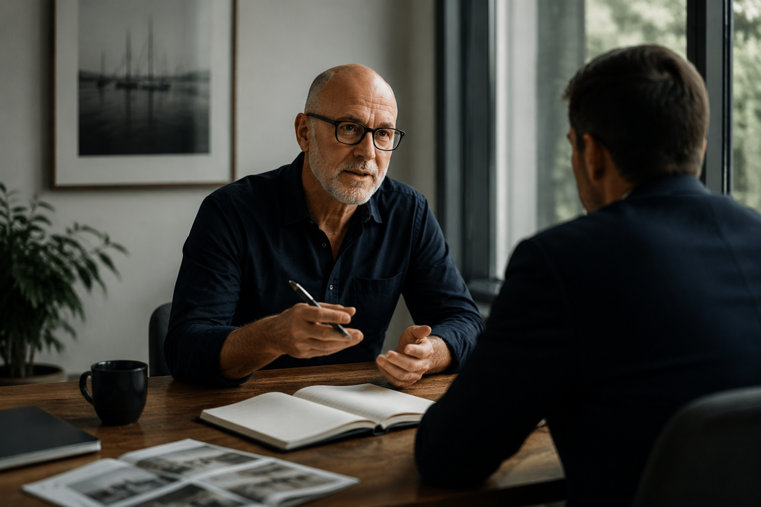 Two professional men having a serious business meeting at a wooden desk in a modern office setting.