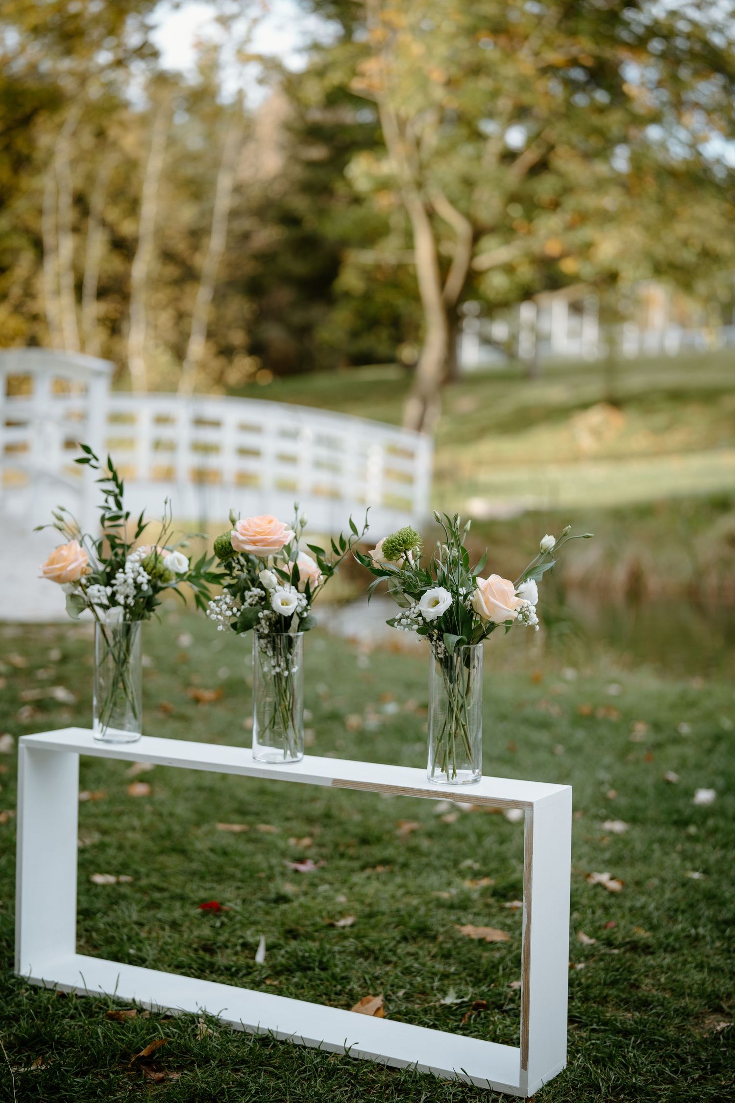 Modern white wooden frame display with glass vases holding peachy roses and greenery.