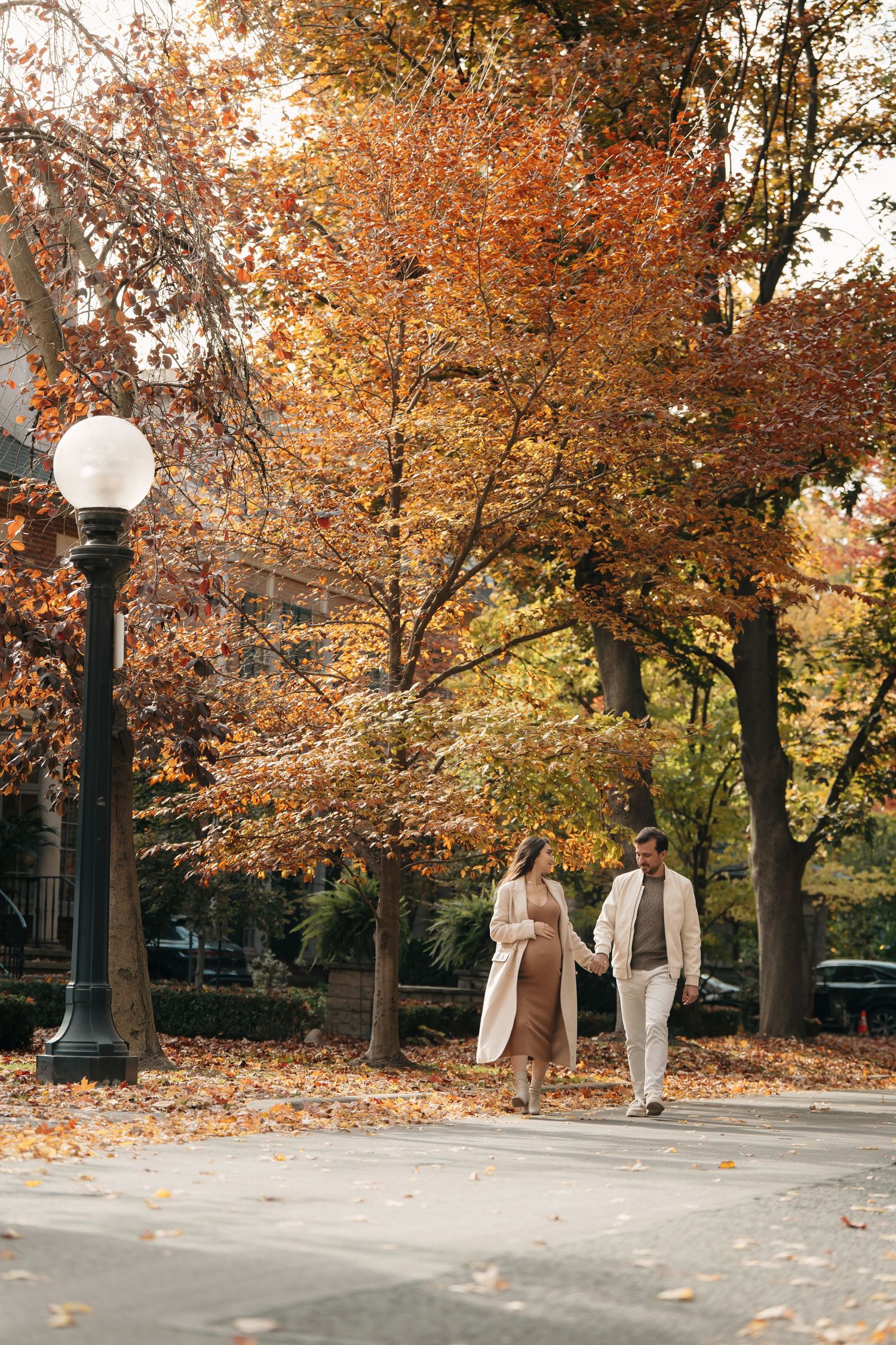 A scenic panoramic view of autumn trees and fallen leaves along an urban pathway on a cloudy day.