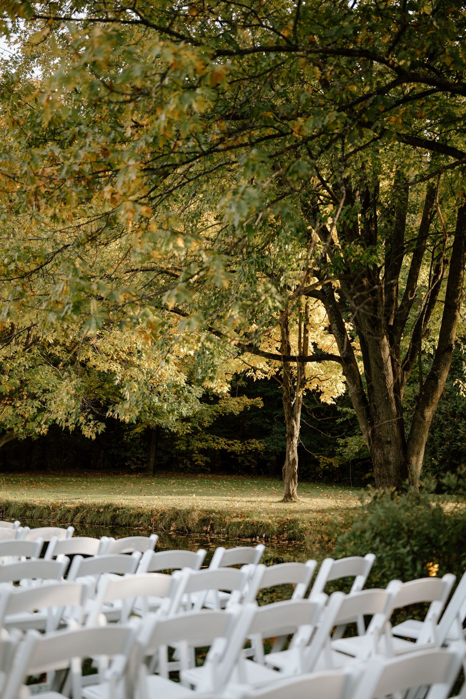 Rows of white wedding chairs set up outdoors under golden autumn trees.