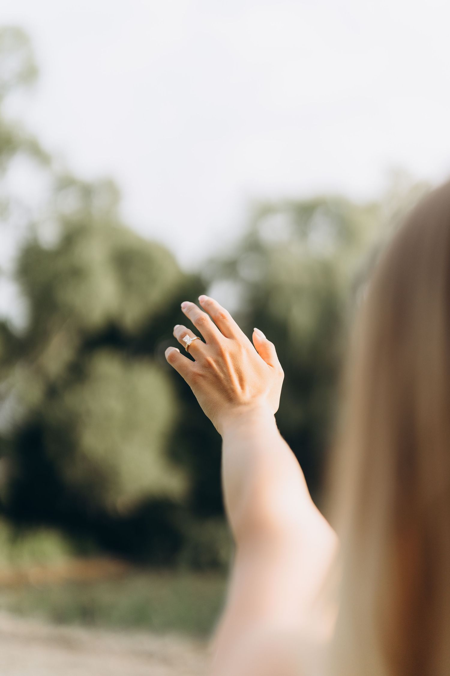 A small hand reaches upward against a blurred natural outdoor background in warm sunlight.in Toronto by AZ Photo Studio.