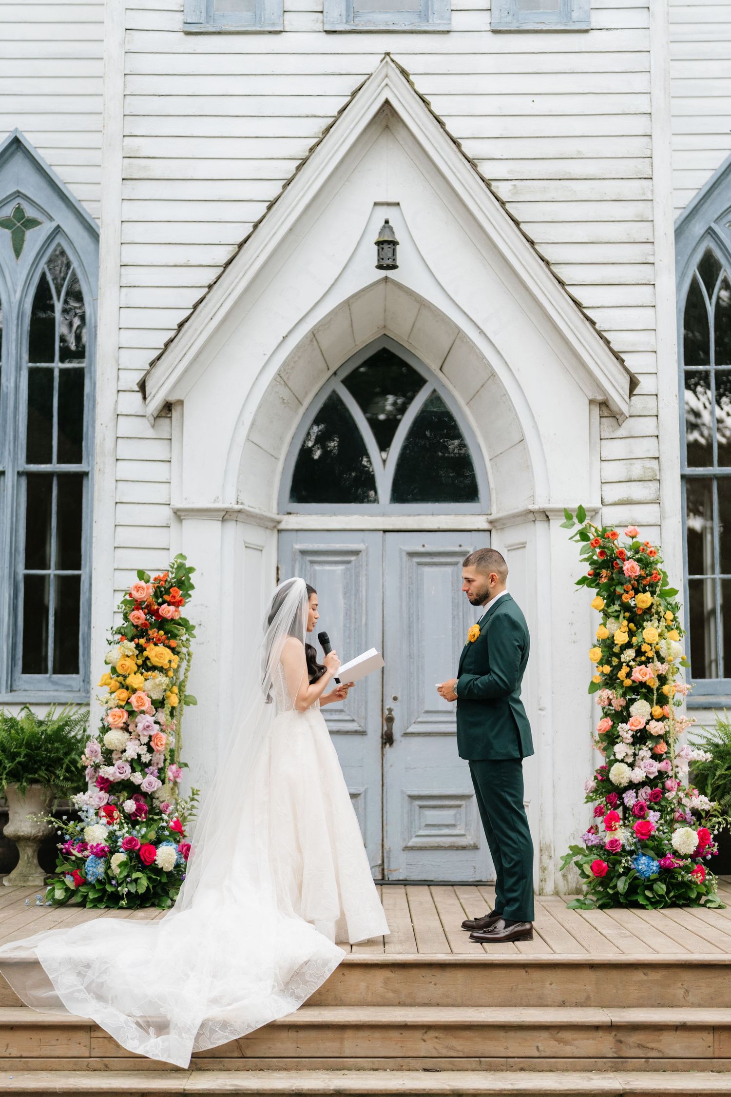 A series of wedding photos showing a couple in front of a white church entrance with gothic windows and floral arrangements.