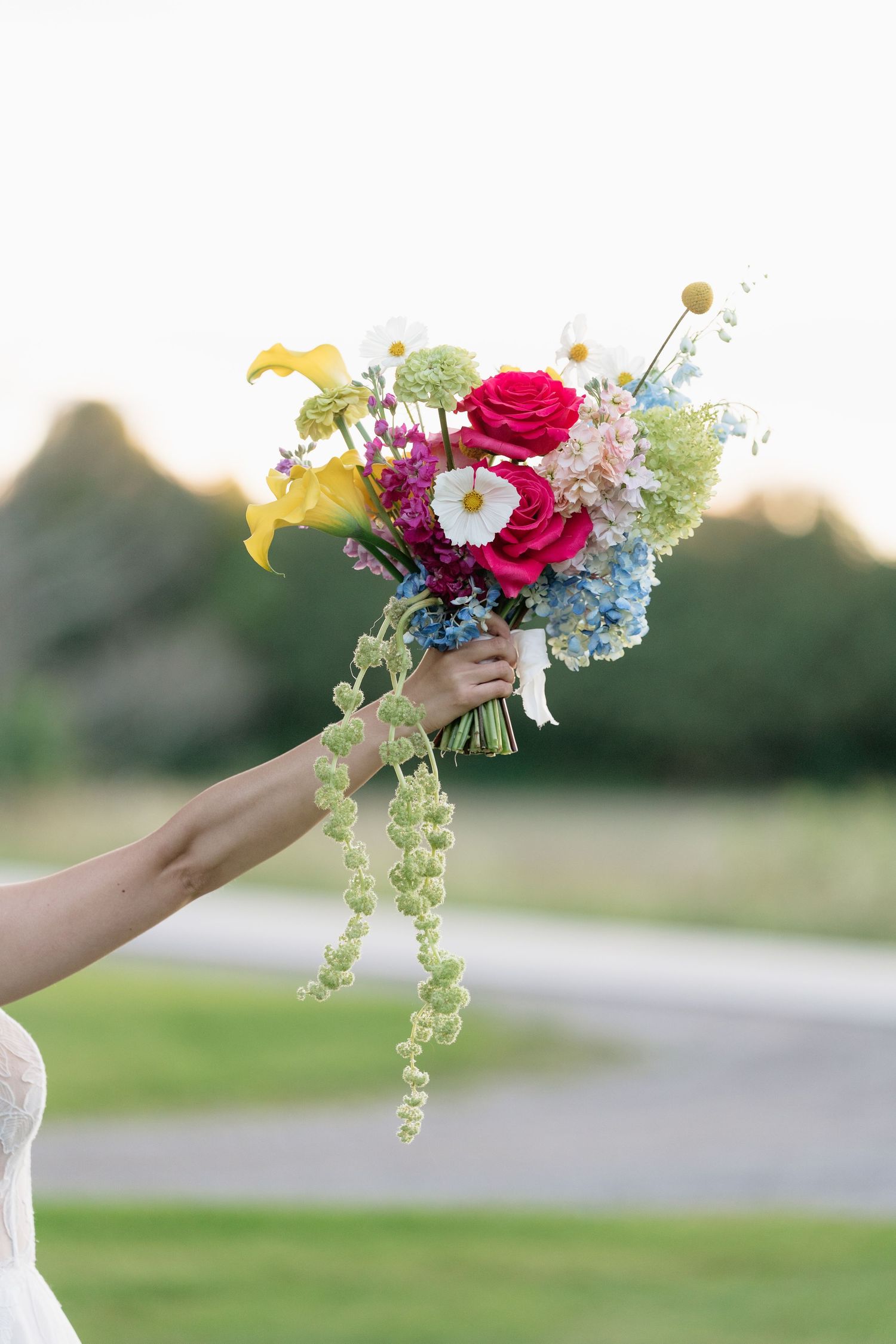 A colorful bridal bouquet with red roses, blue flowers, and cascading greenery held against a blurred outdoor background.