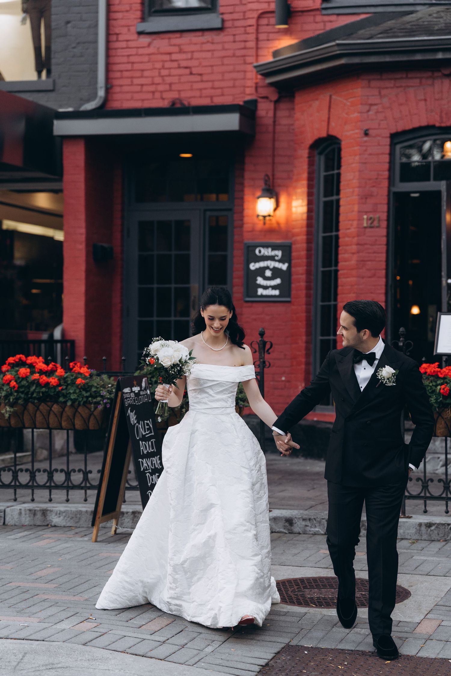 A sequence of wedding photos showing a couple in formal attire walking outside a red brick building.