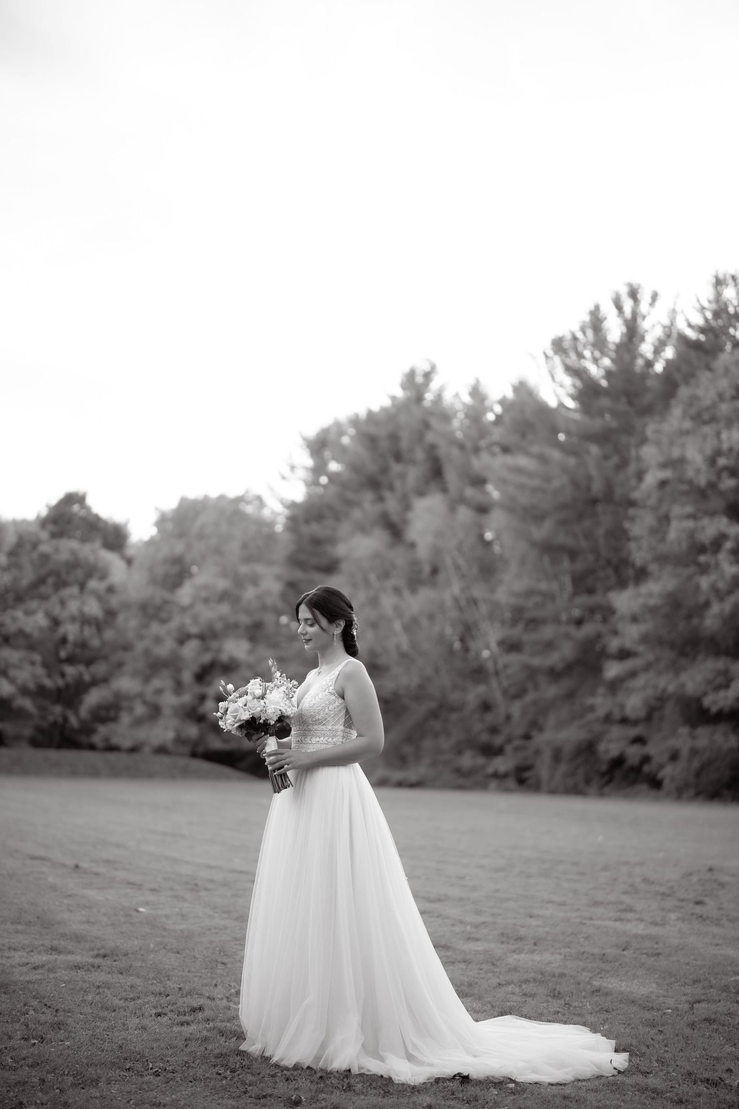 A bride in a flowing white wedding dress poses in a field with evergreen trees in the background.