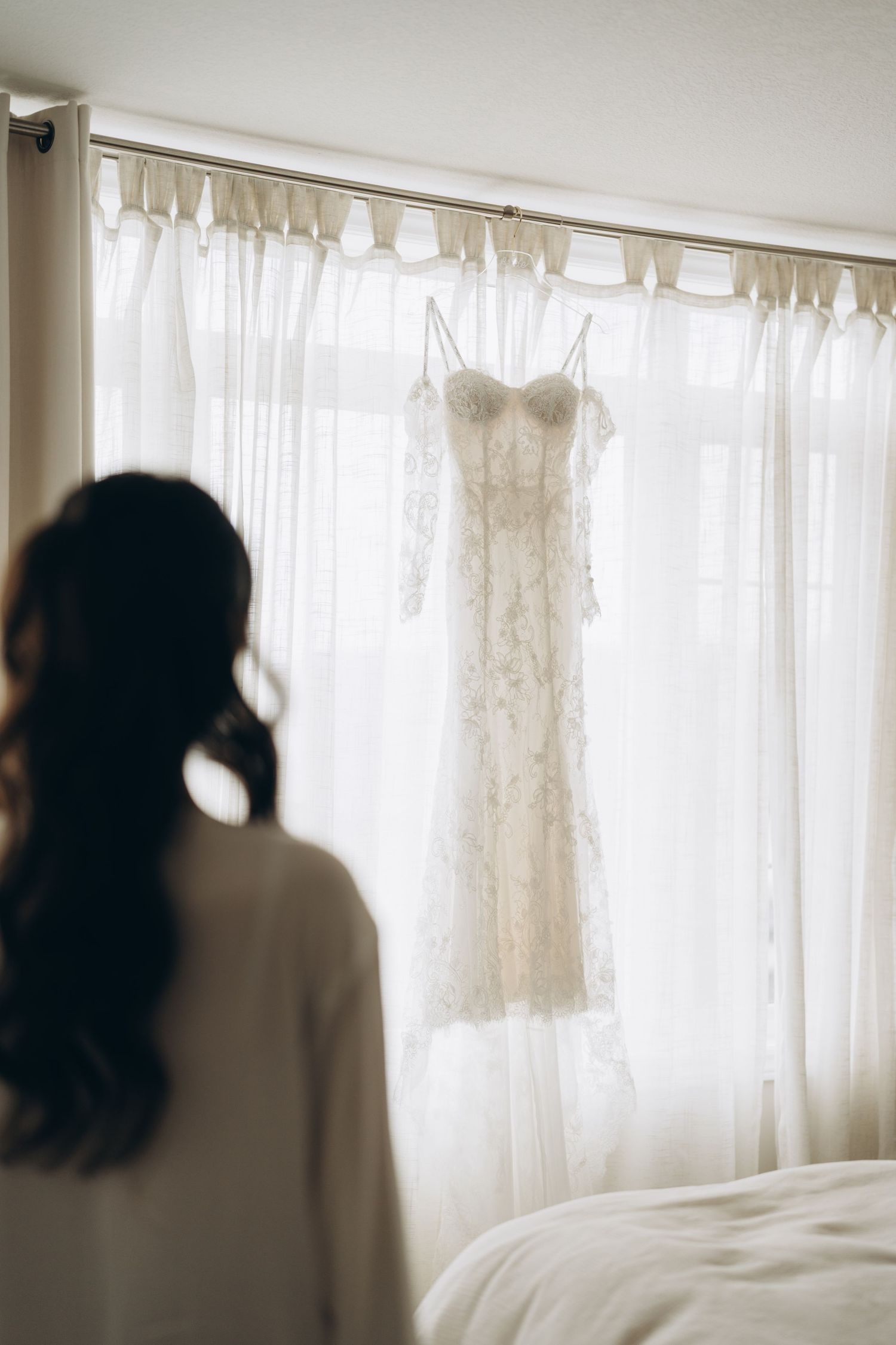 A series of four dreamy, ethereal photos showing white curtains and silhouettes in soft natural light.