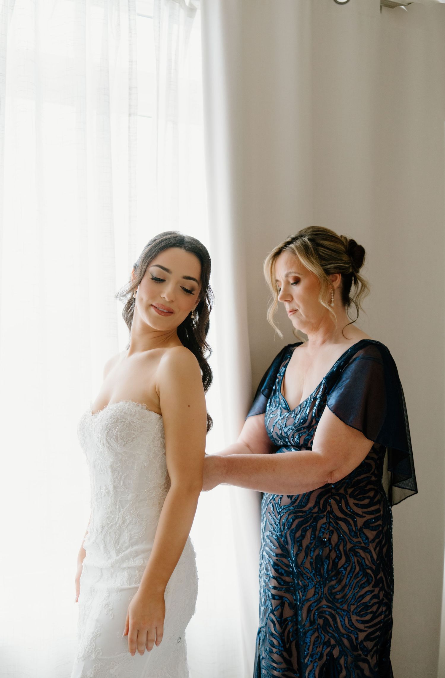 Three sequential photos show a tender moment between two people in formal attire during a wedding preparation.