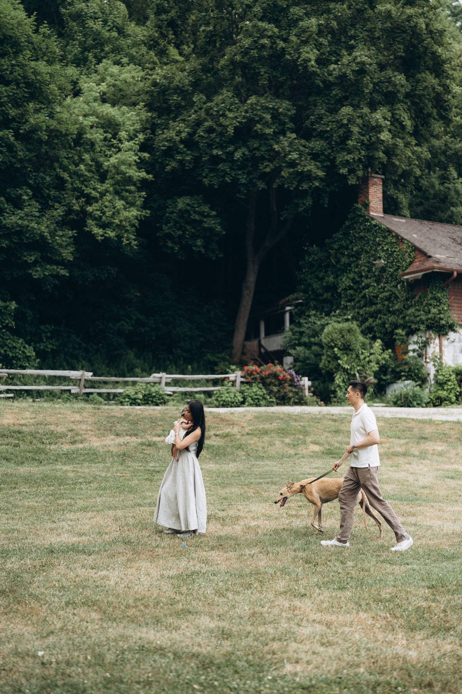 A playful scene in a grassy field with a dog and people enjoying a summer day near a white house.