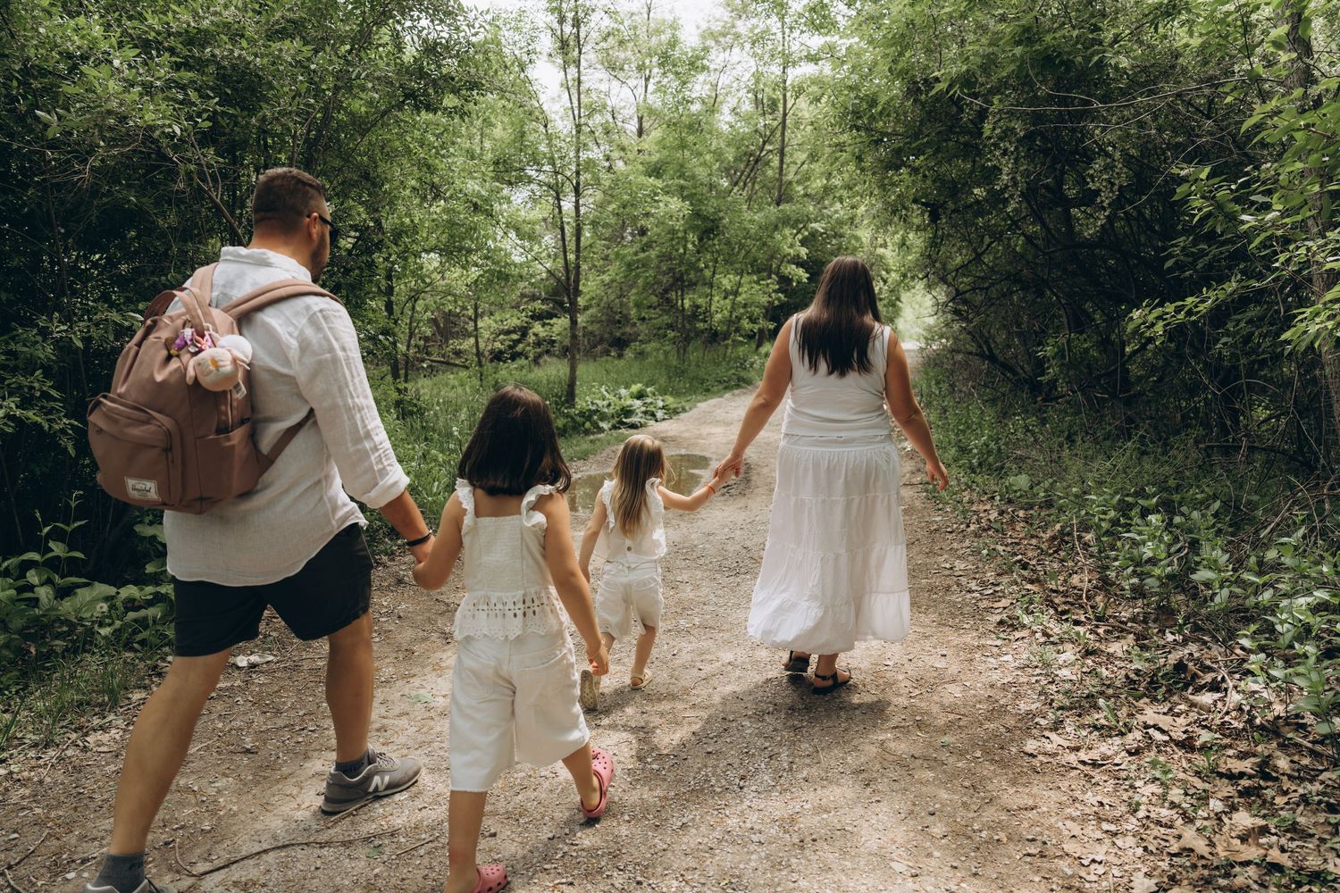 Group of candid photos showing nature walk moments along a forest trail in the summertime.