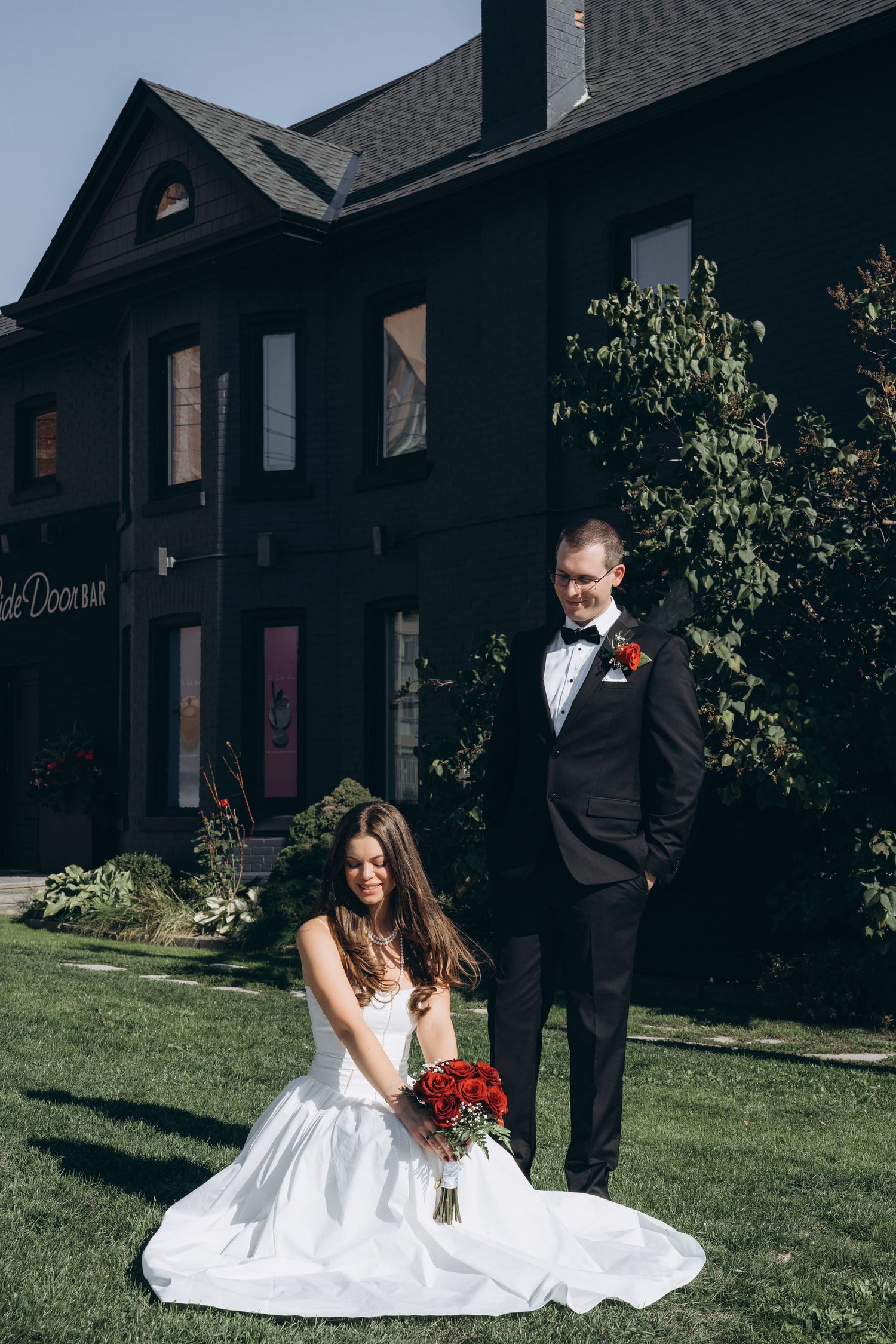 A sequence of wedding photos showing a bride in a white dress on a grassy lawn near dark buildings.