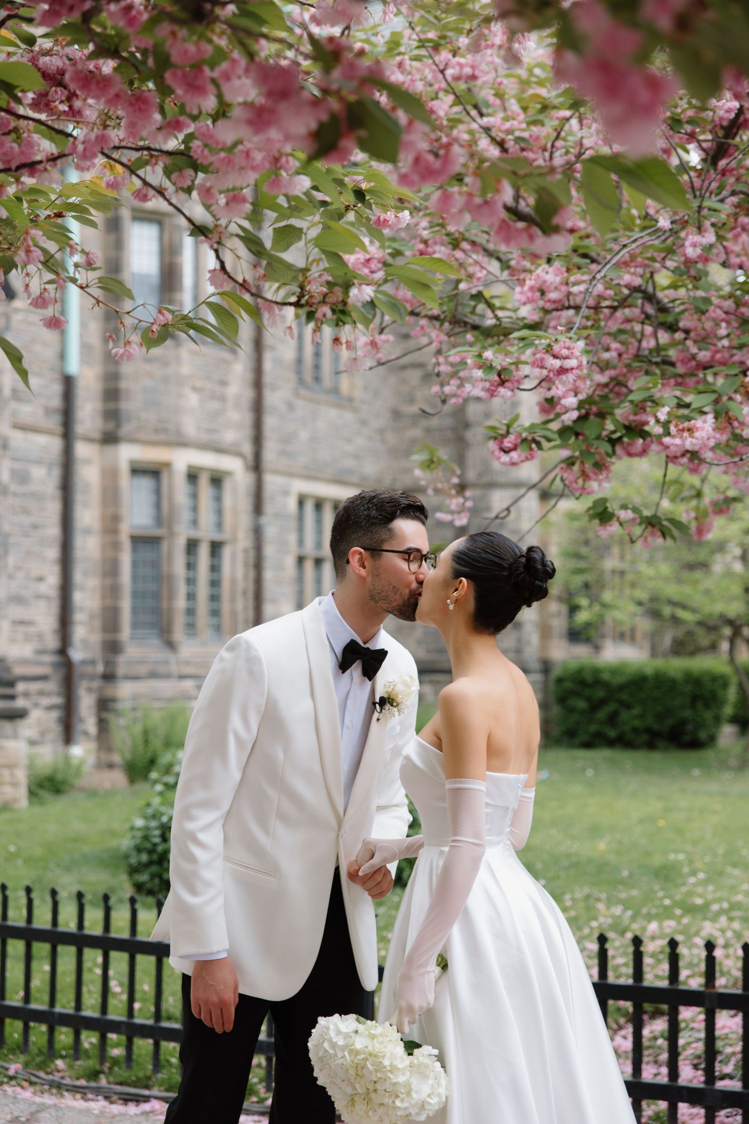 A romantic wedding couple shares a kiss under blooming pink spring cherry blossoms.