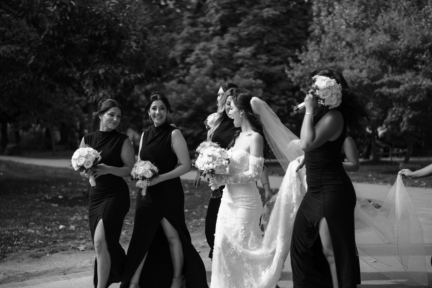 A black and white photo sequence shows a wedding party dancing and celebrating during an outdoor reception.