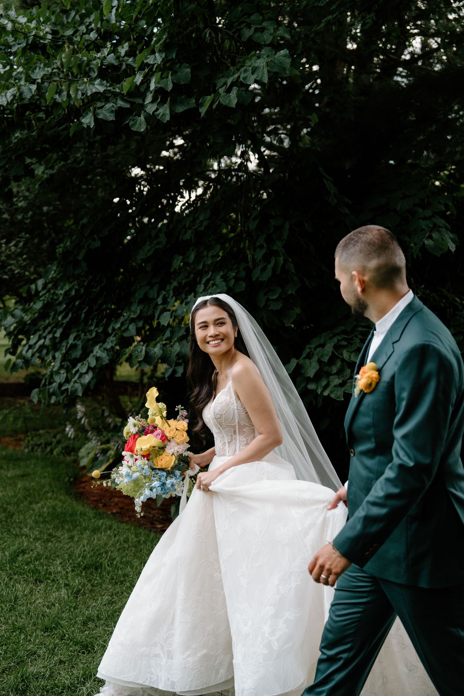 A series of romantic wedding photos showing a couple in a garden setting with the bride in white and groom in dark suit.