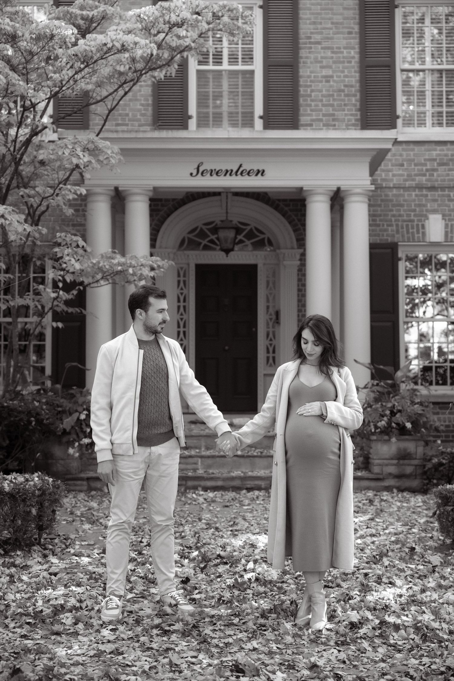 Black and white photos show a couple in formal attire posing outdoors near a traditional brick building with columns.