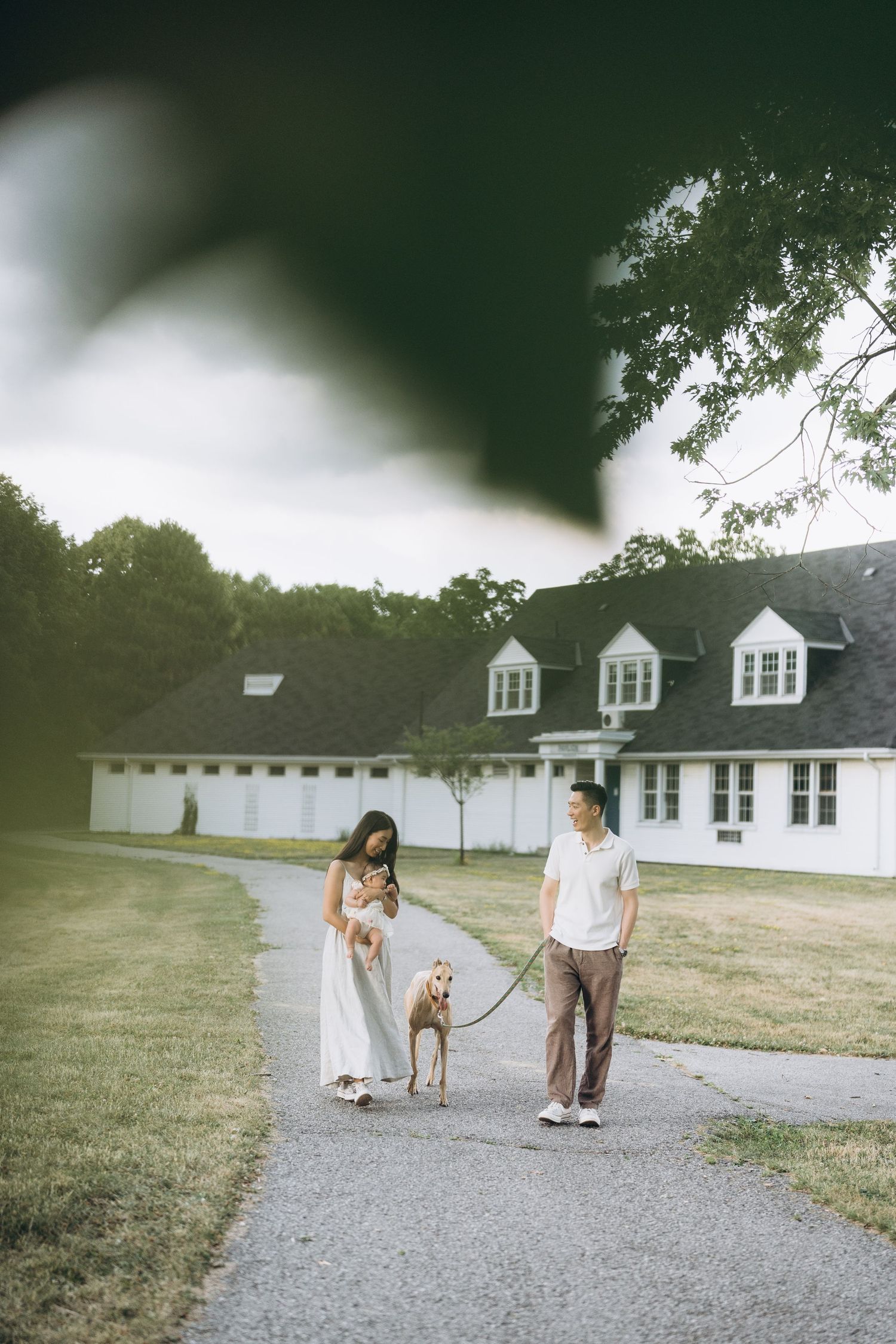 People walking a dog along a gravel path with white colonial-style buildings in the background.