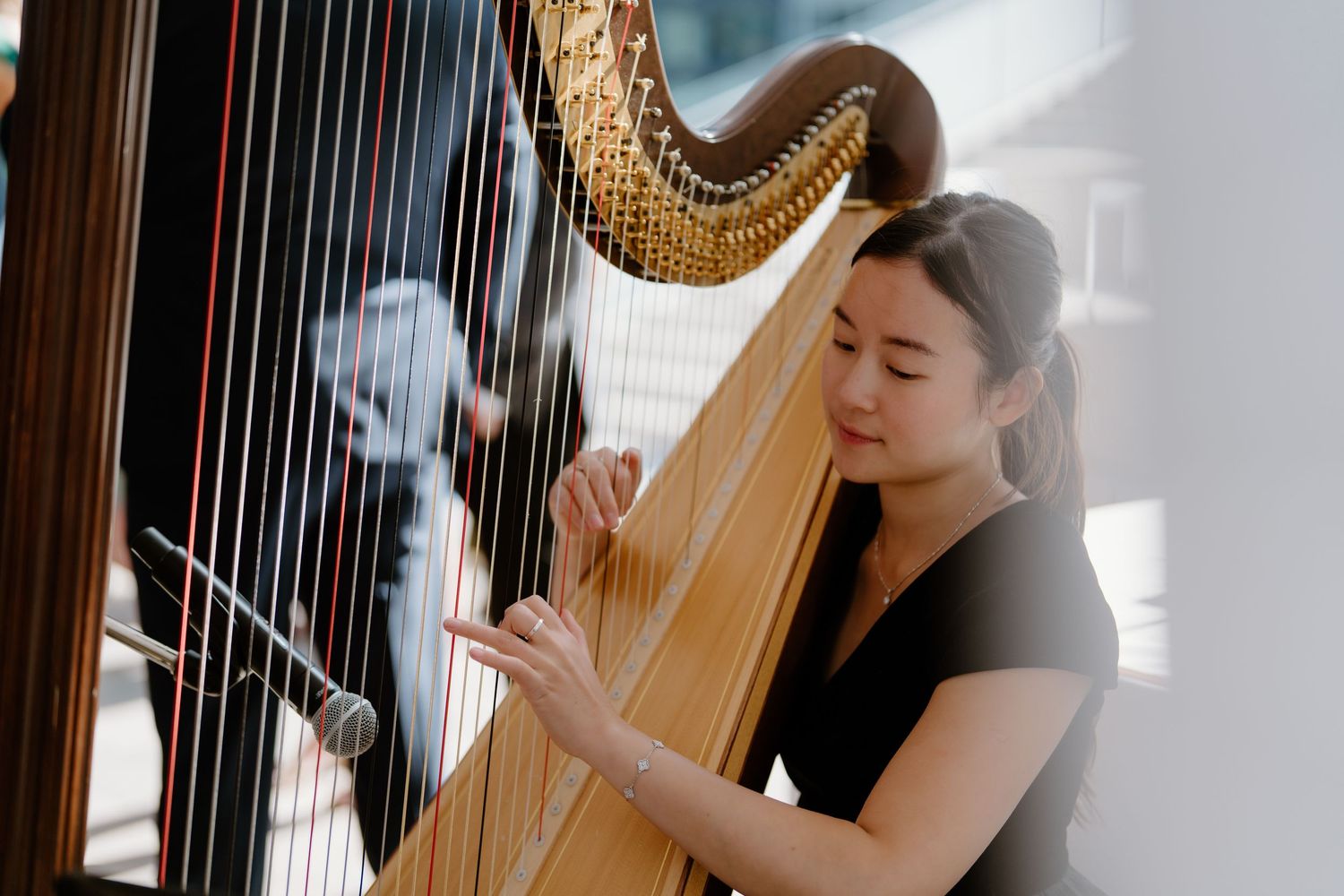 A musician performs on an elegant golden concert harp against a dark background.