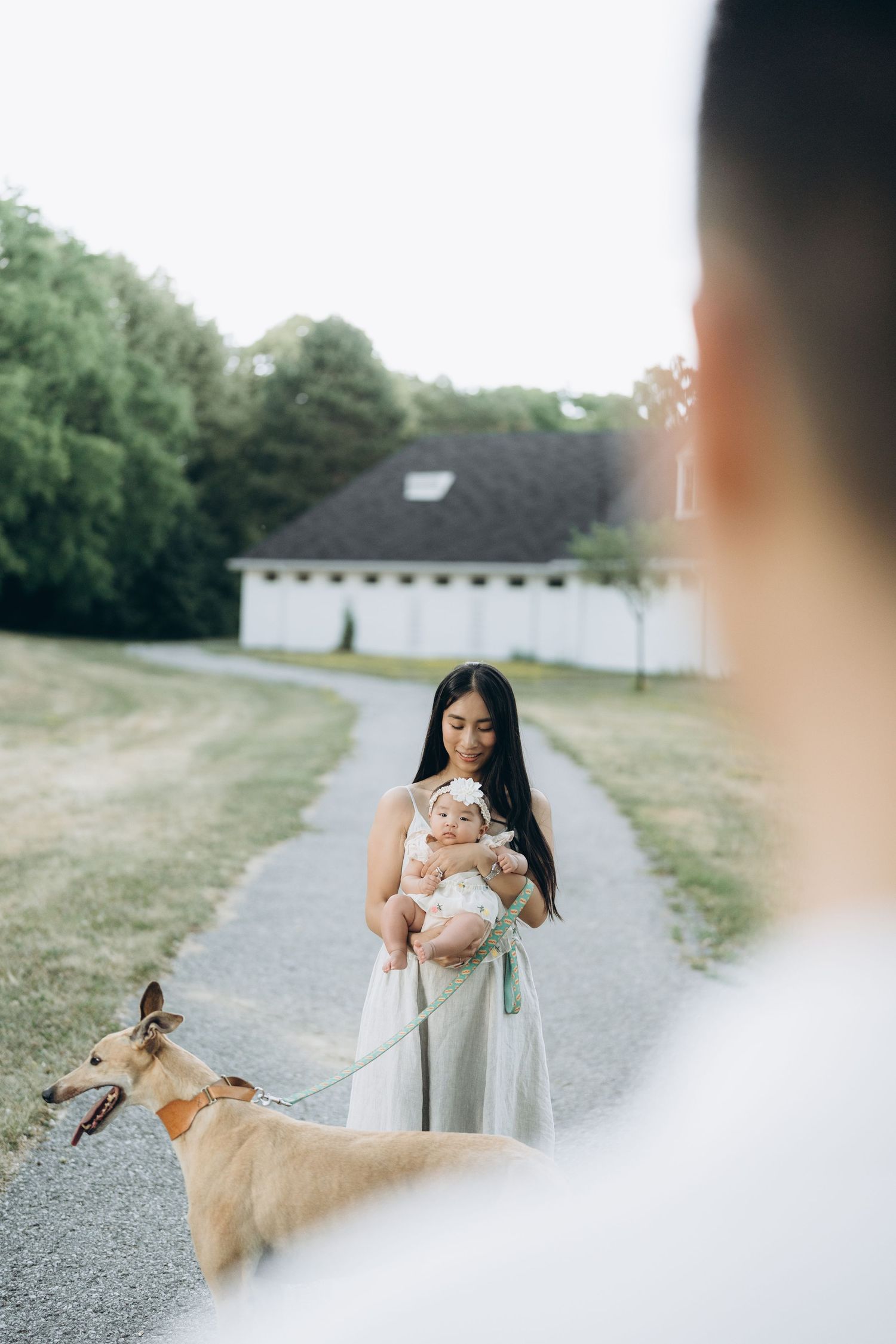 A woman in a white dress walks with her dog on a gravel path surrounded by green grass.