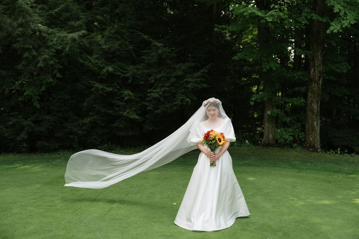 Cinematic  and Graceful bride portrait against a backdrop of rolling hills captured by AZ Photo Studio.