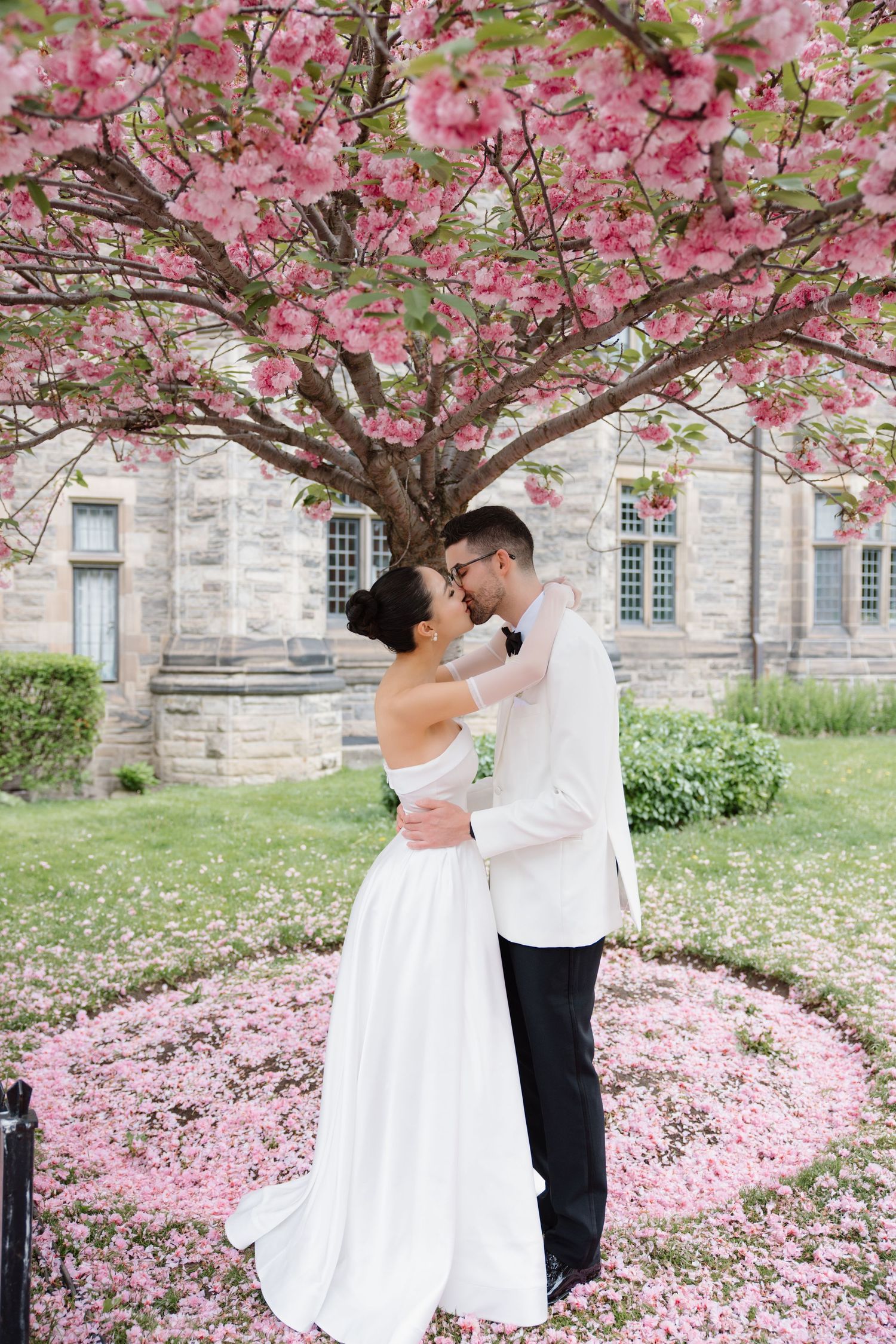 A couple embraces under a blooming cherry blossom tree in front of a stone building as pink petals cover the ground.