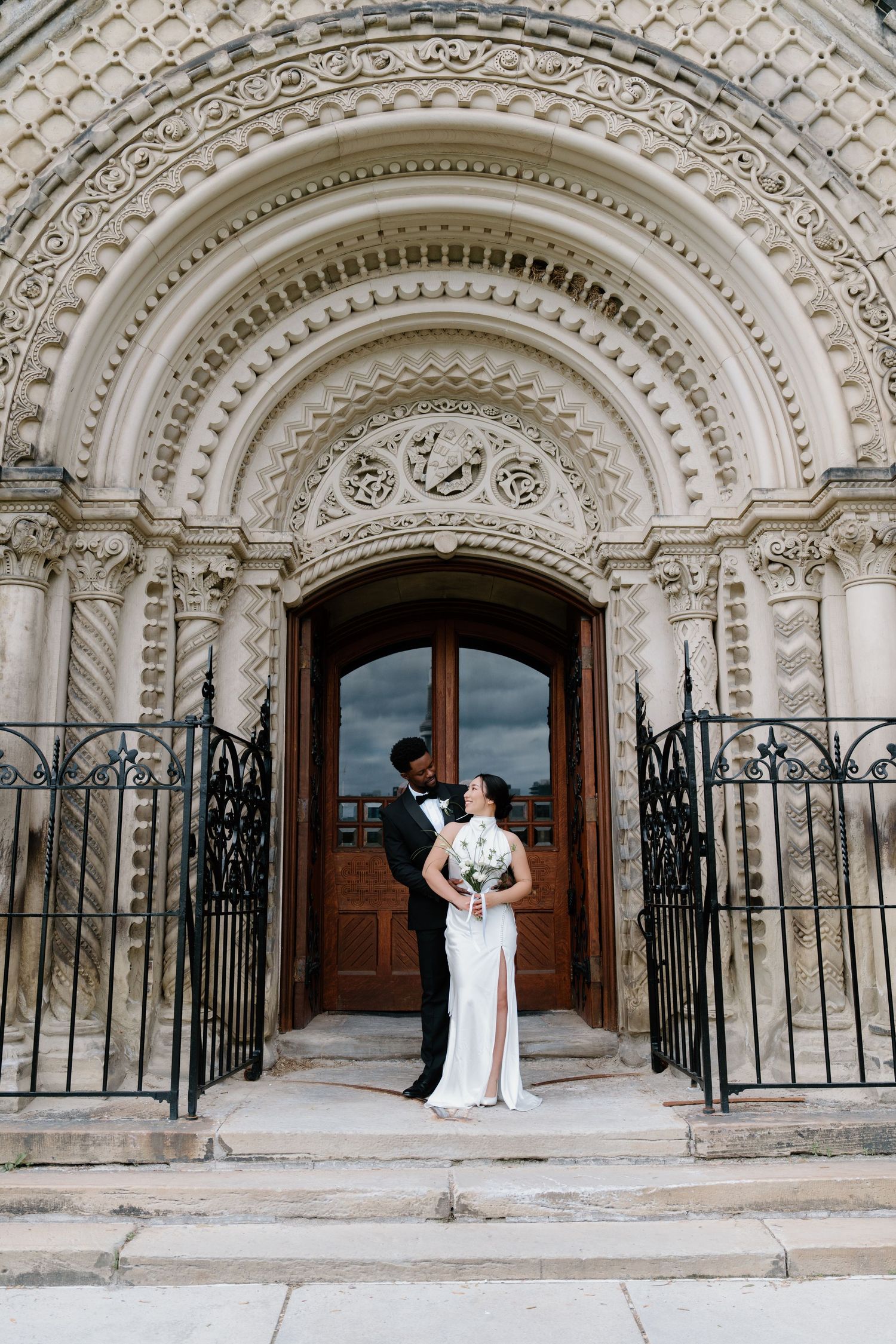 Three architectural photos show a beautiful ornate stone church entrance with archways and decorative carvings.