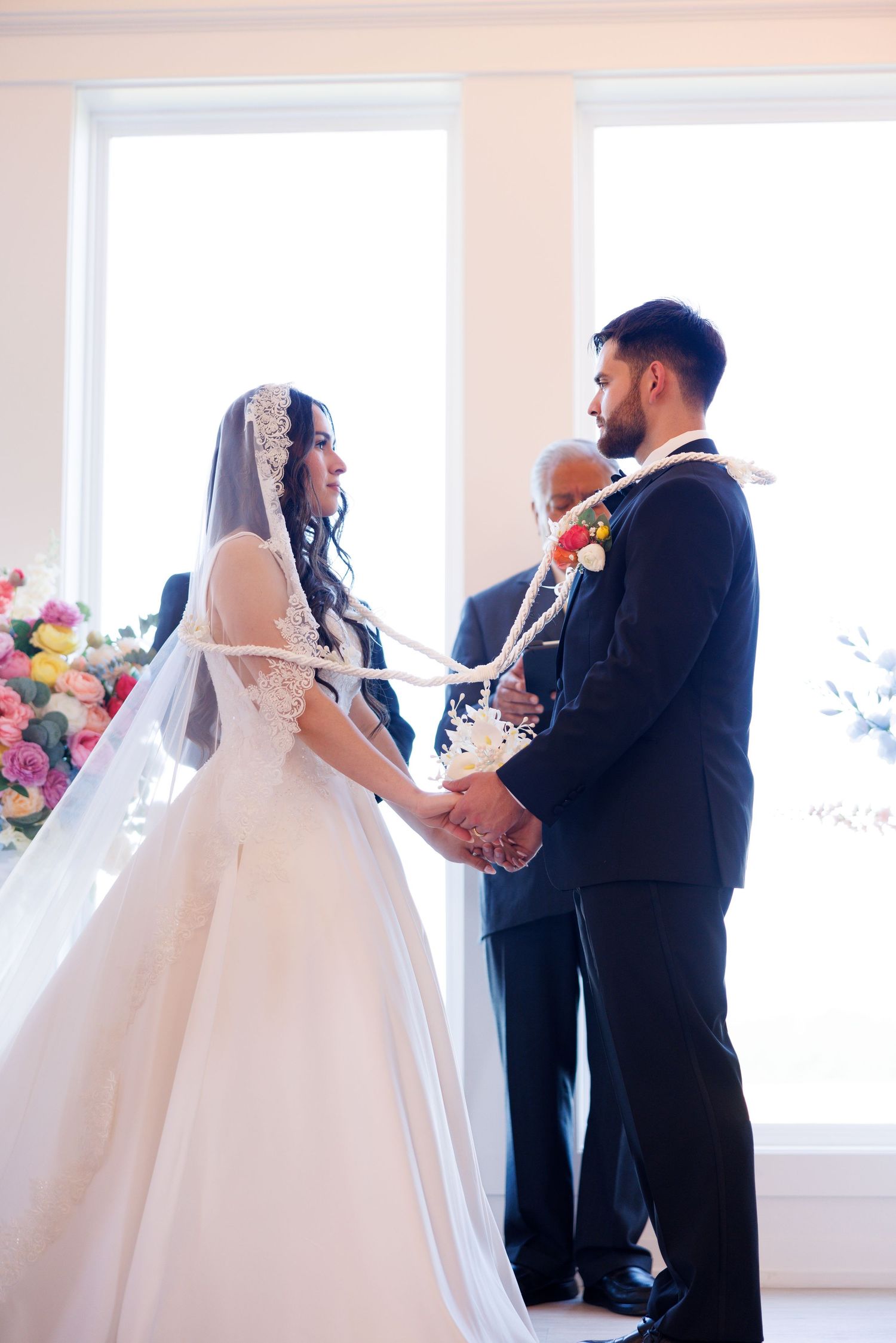 Intimate wedding ceremony moments captured in sequence with couple and officiant.