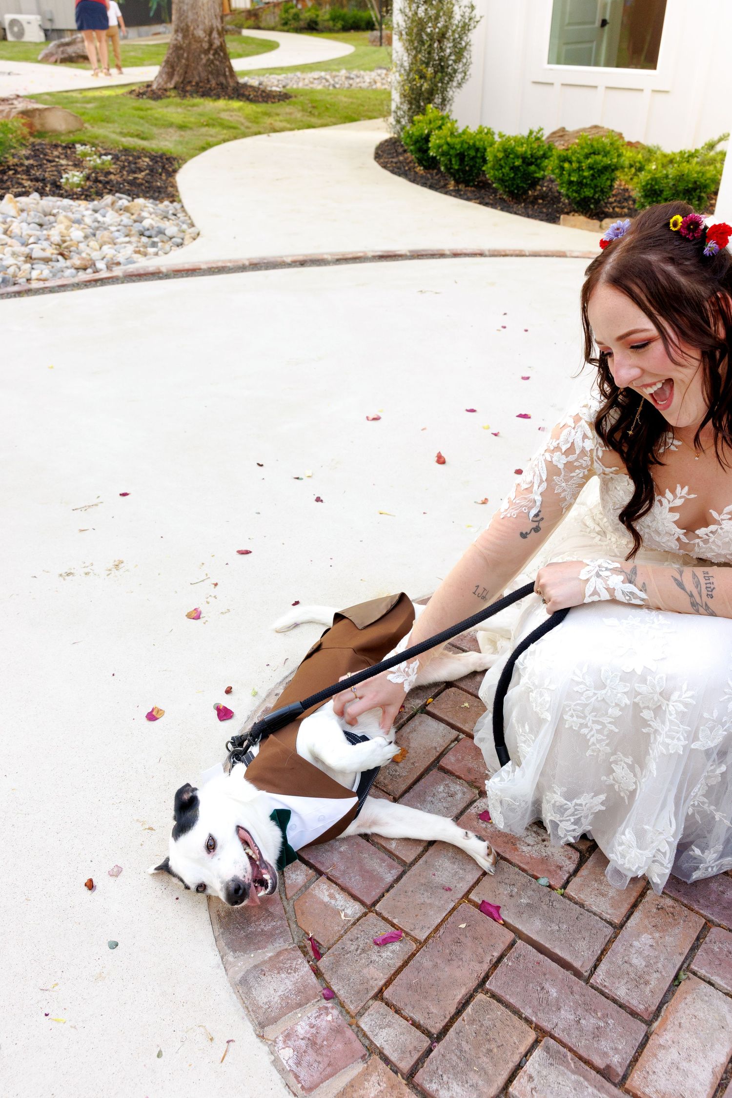 Laughing bride in lace wedding gown crouches to pet a black and white dog on a flower petal-covered path.