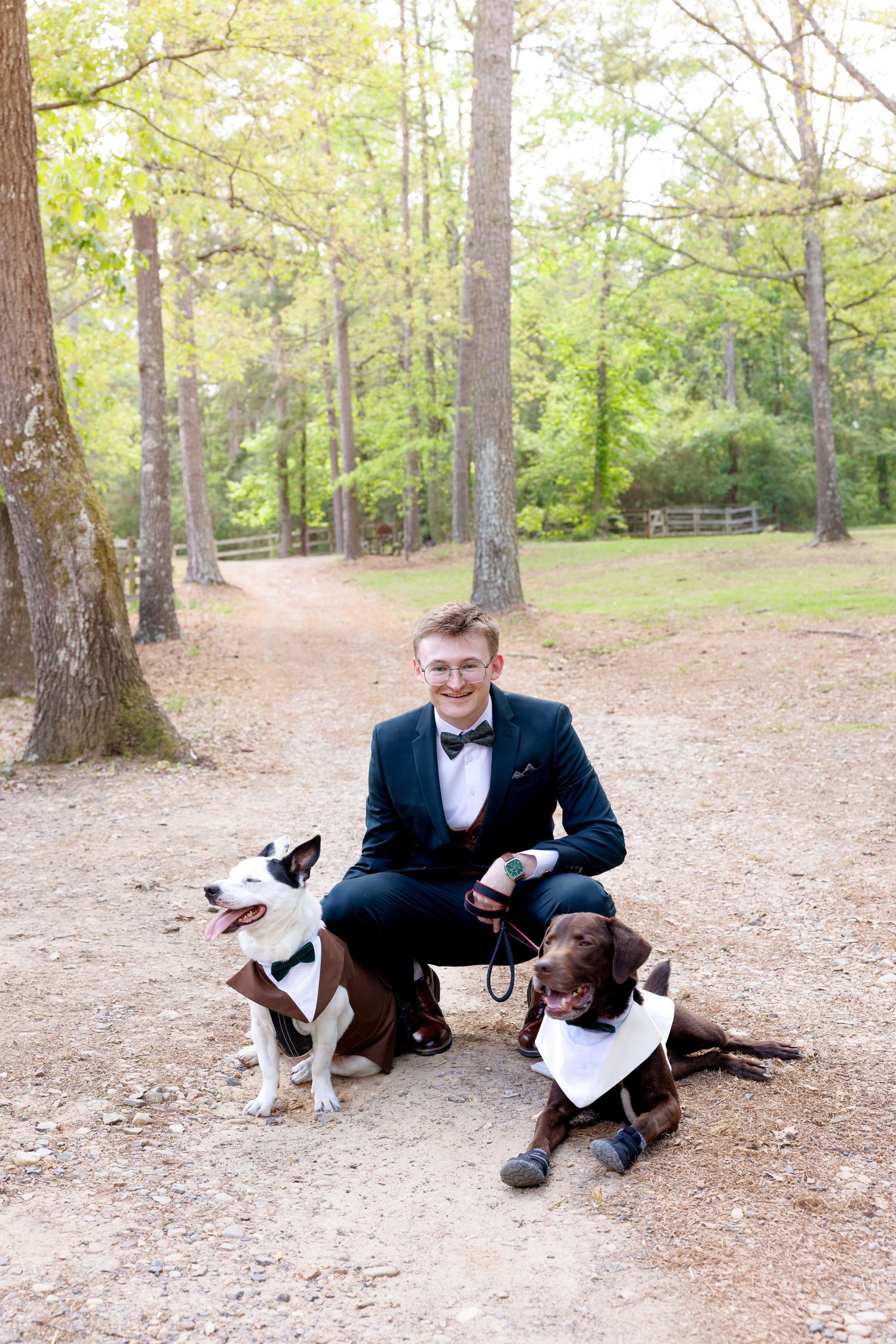 Groom in tuxedo sits with two dogs wearing bandanas on a wooded dirt path.