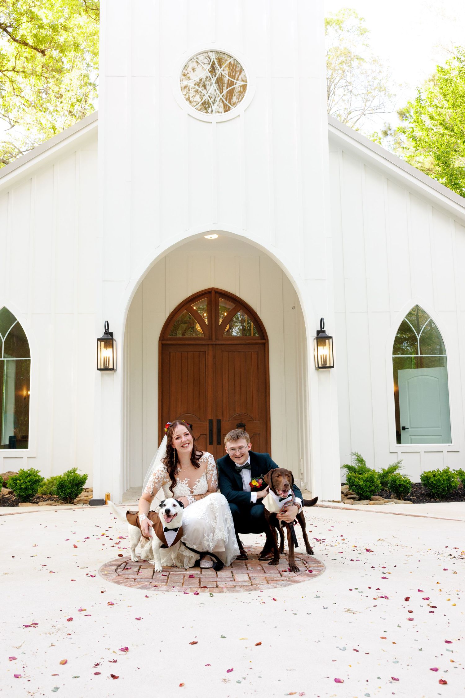 Bride and groom pose with two dogs in formal attire outside a white chapel with rose petals on the ground.