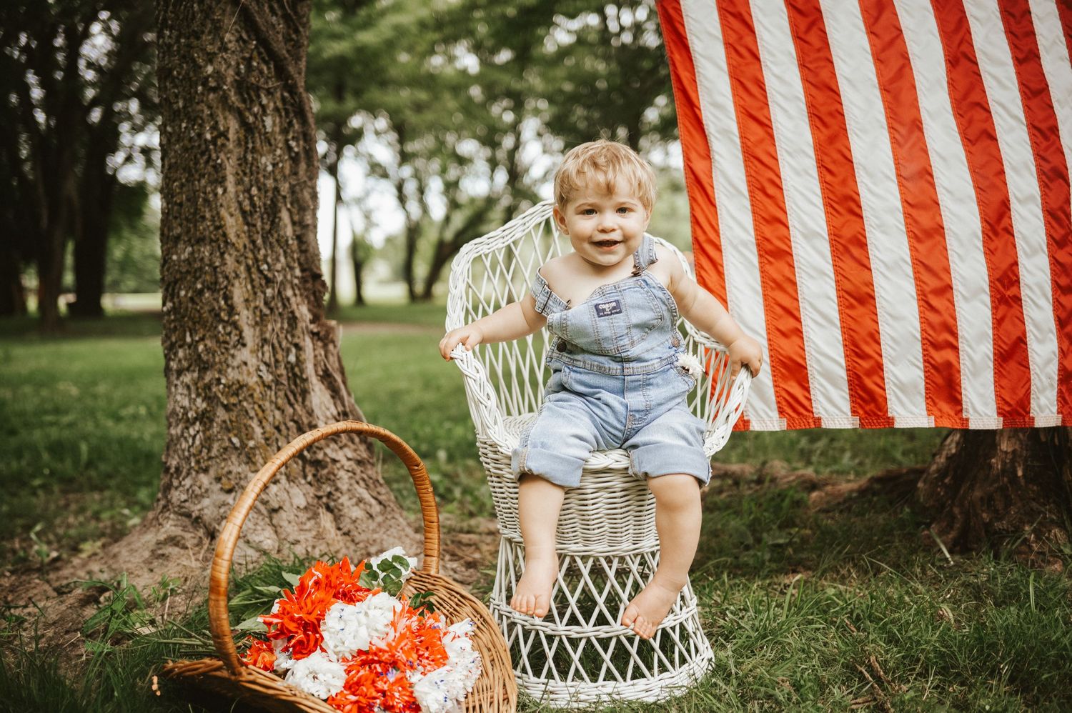 Patriotic summer scene outdoors with wicker chair, floral basket, and American flag hanging in green park setting.
