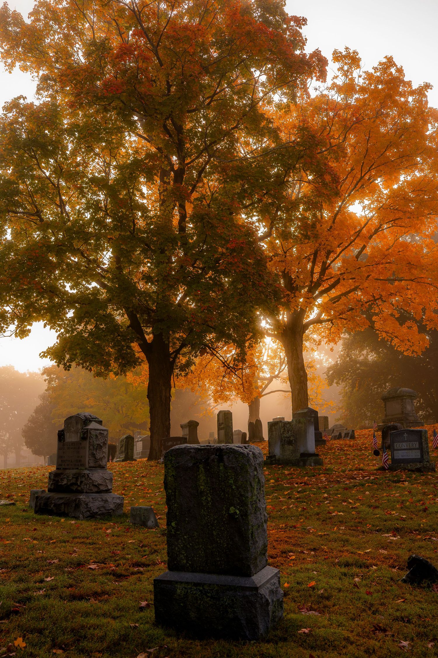 Misty autumn cemetery with orange and red foliage trees, moss-covered gravestones, and fallen leaves in soft golden light.