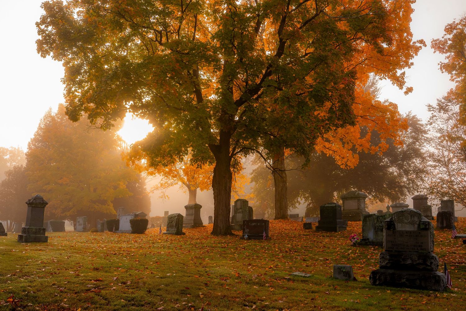 Misty autumn cemetery with orange and yellow foliage trees, scattered gravestones on leaf-covered ground in soft morning light.