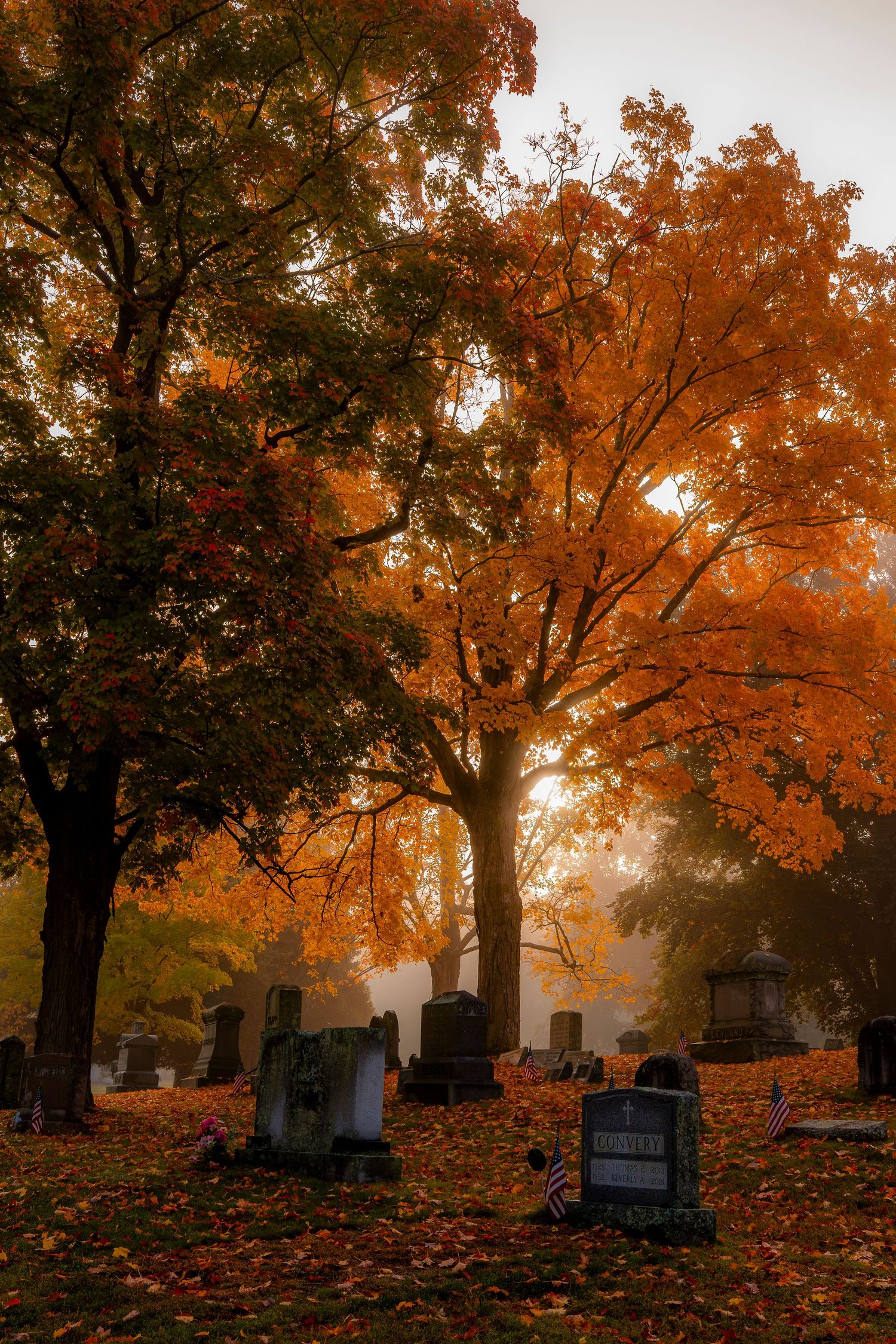 Autumn cemetery with vibrant orange foliage trees, misty background, and gravestones on leaf-covered ground.