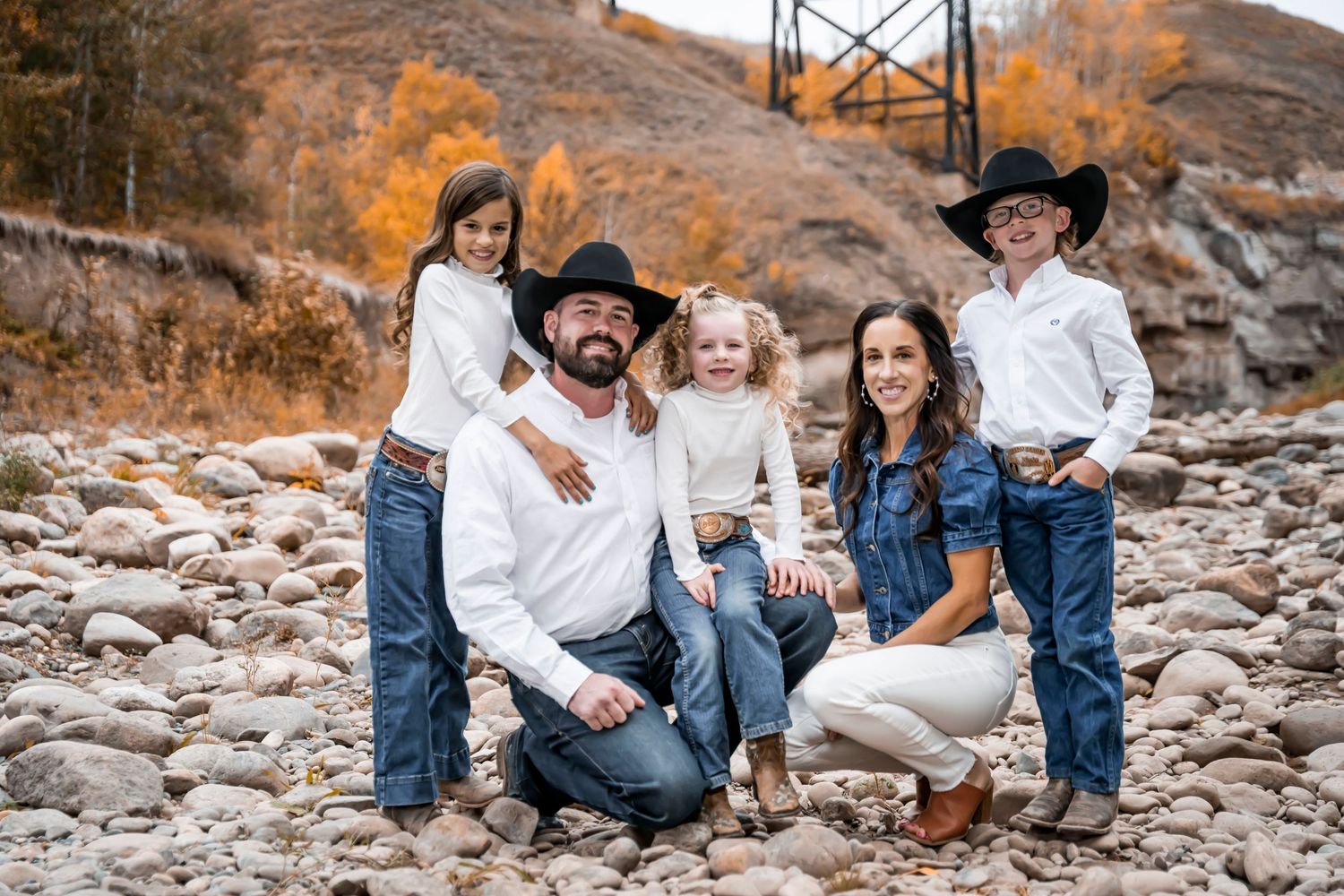 family on river rocks