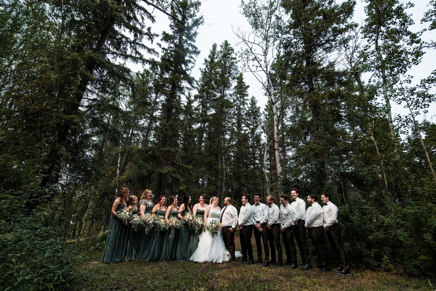 Wedding party in forest with bridesmaids in sage green gowns and groomsmen in white shirts posing among tall pine trees.