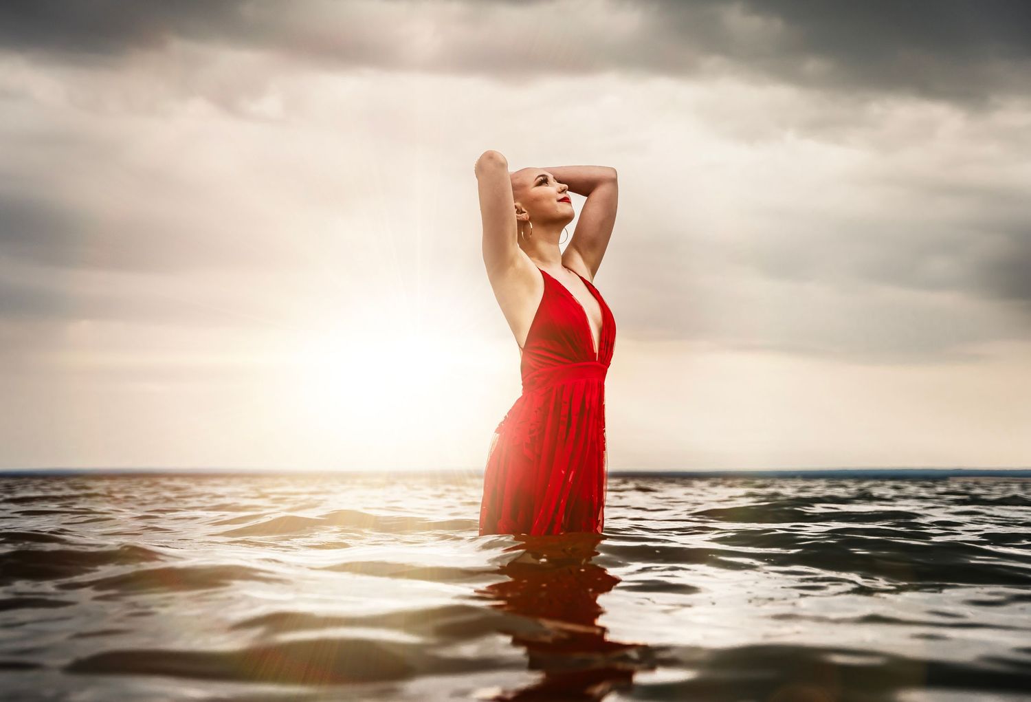 red dress in lake