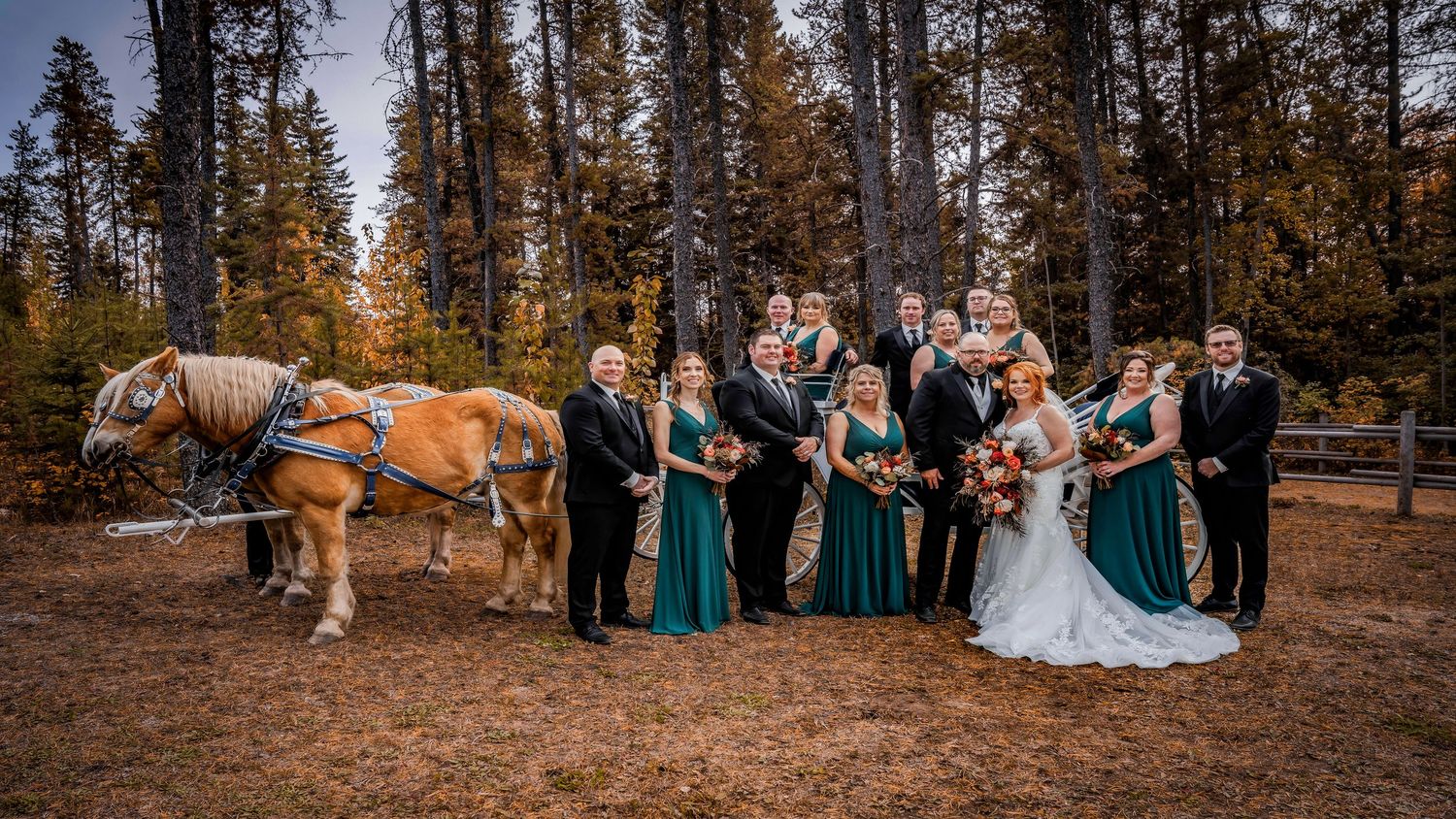 Wedding party in teal dresses and suits poses outdoors in autumn forest beside decorated horses on a fall wedding day.