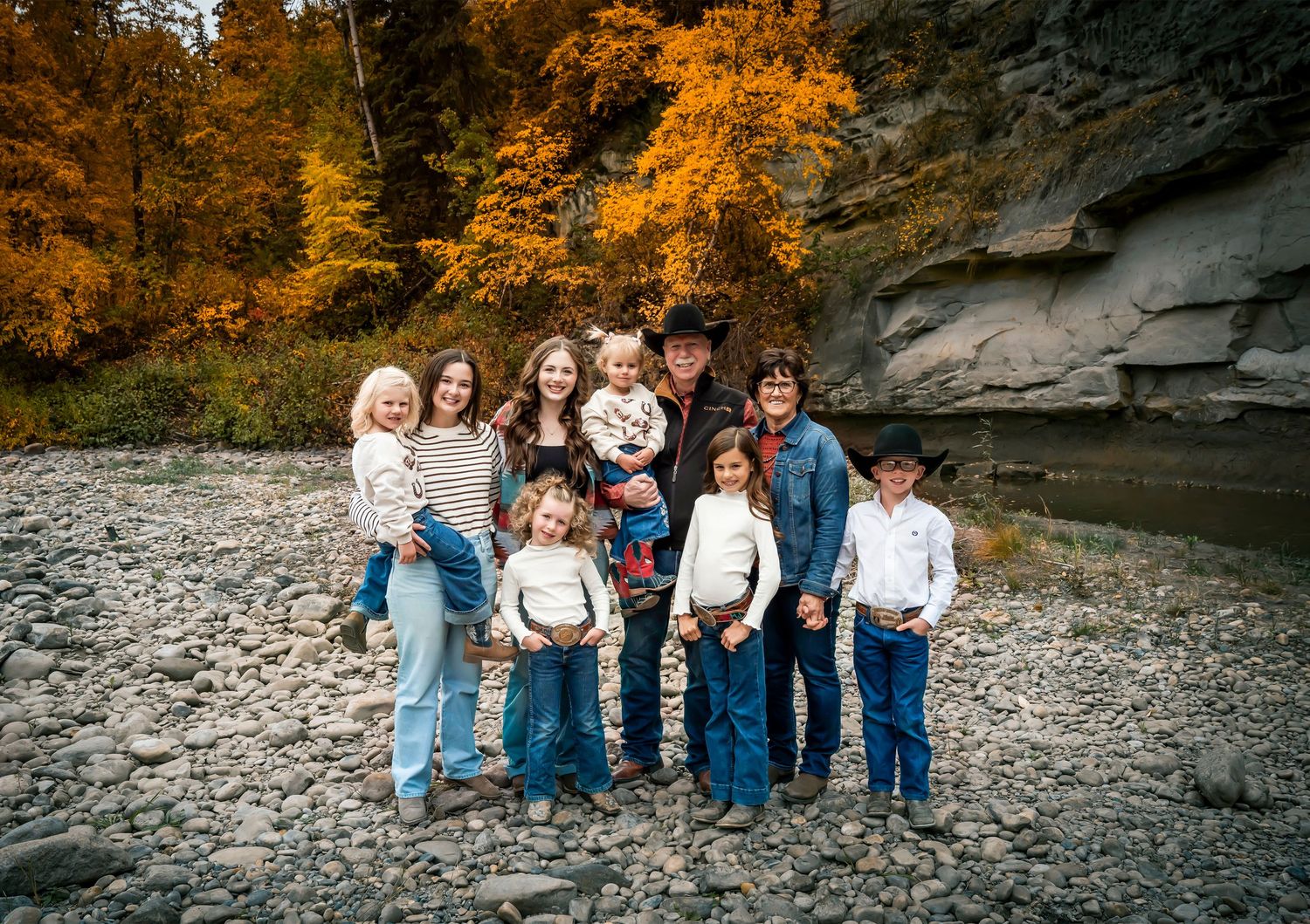 family on river rocks